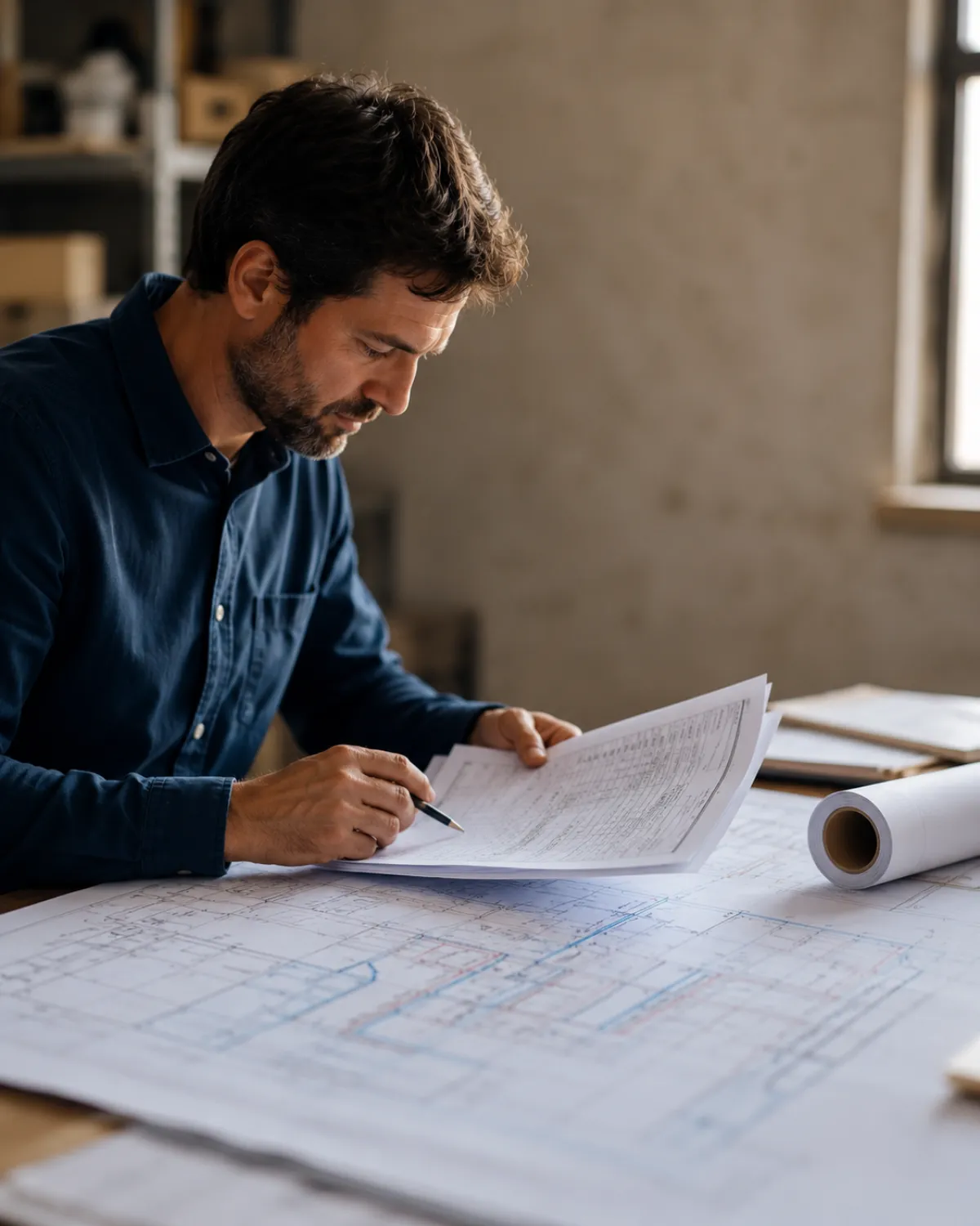 Ingénieur fluides comparant un plan de réseaux et une note de dimensionnement