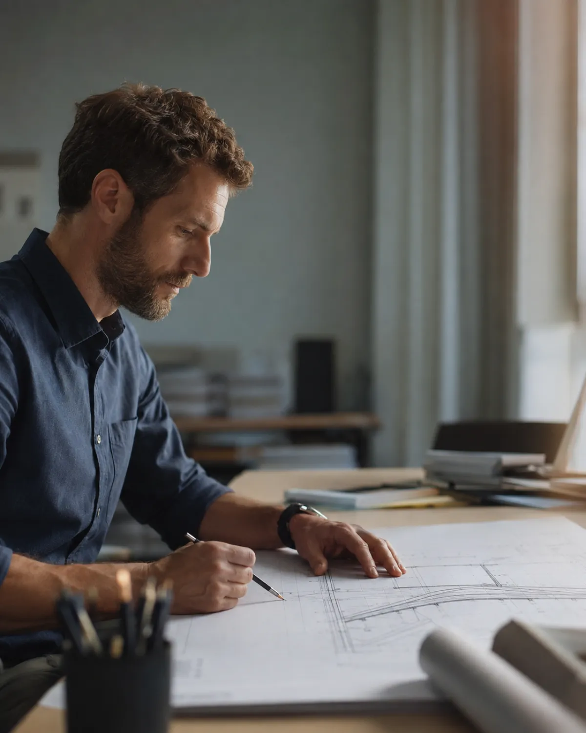 Ingénieur infrastructure étudiant un plan d'ouvrage d'art à son poste
