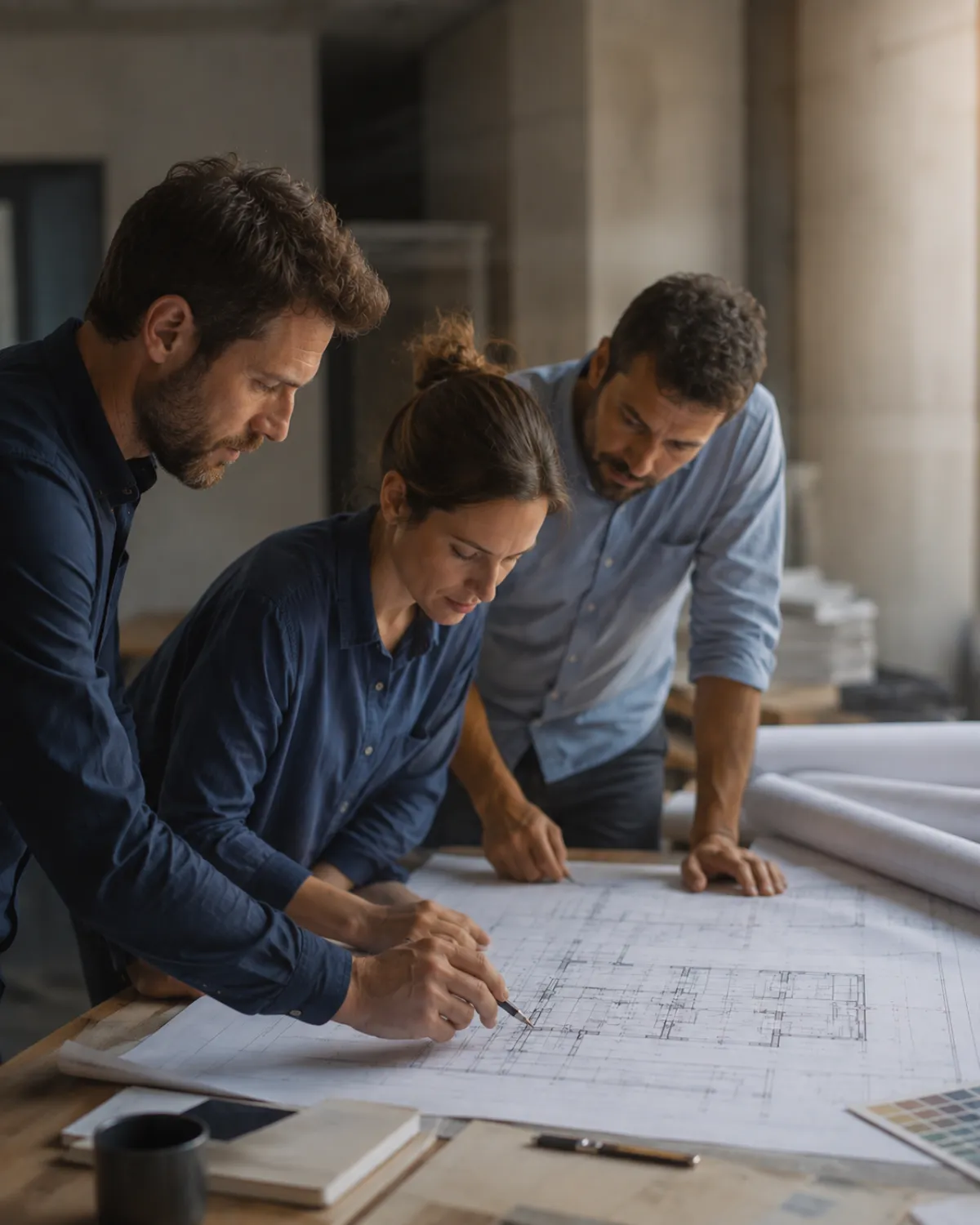 Équipe d'ingénieurs réunie autour de plans tous corps d'état