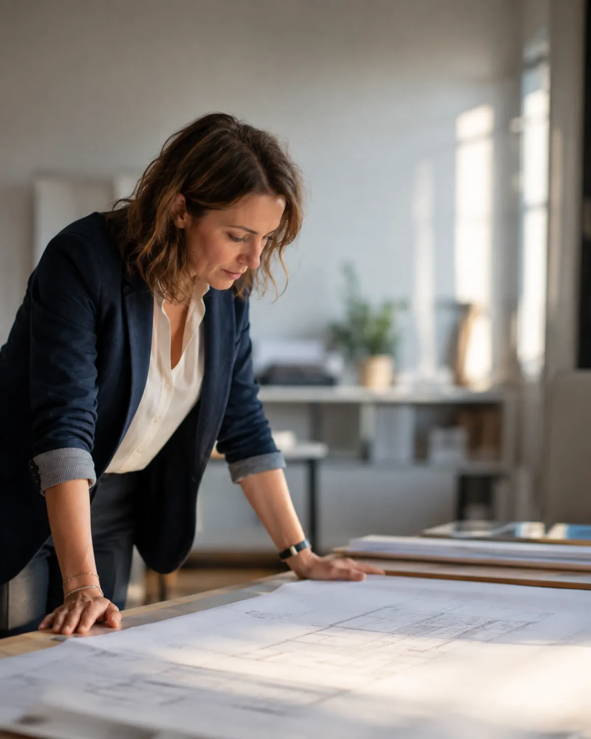 Architecte en tenue de bureau examinant des plans déroulés sur une table