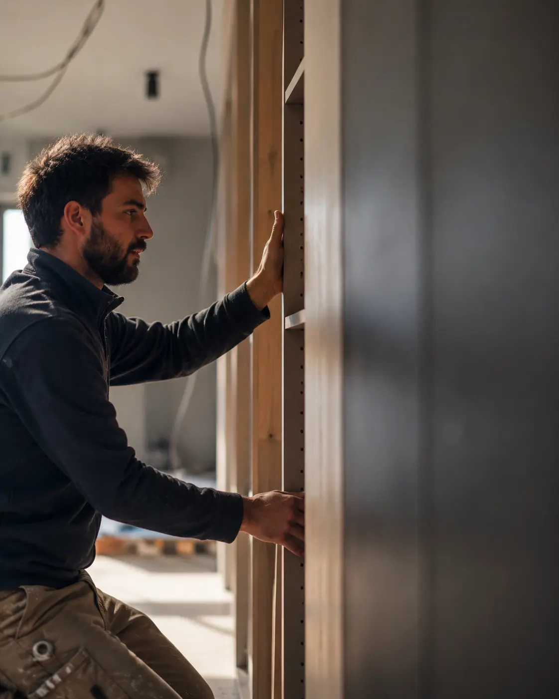 Agenceur ajustant un panneau de mobilier sur mesure dans un local en travaux