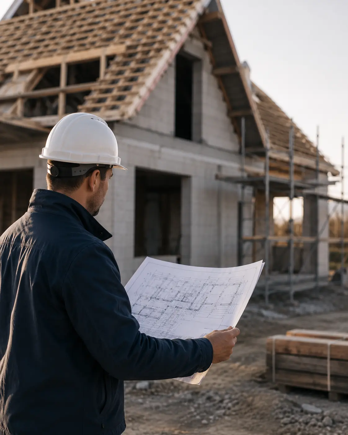 Constructeur casqué présentant un plan devant une maison individuelle en chantier