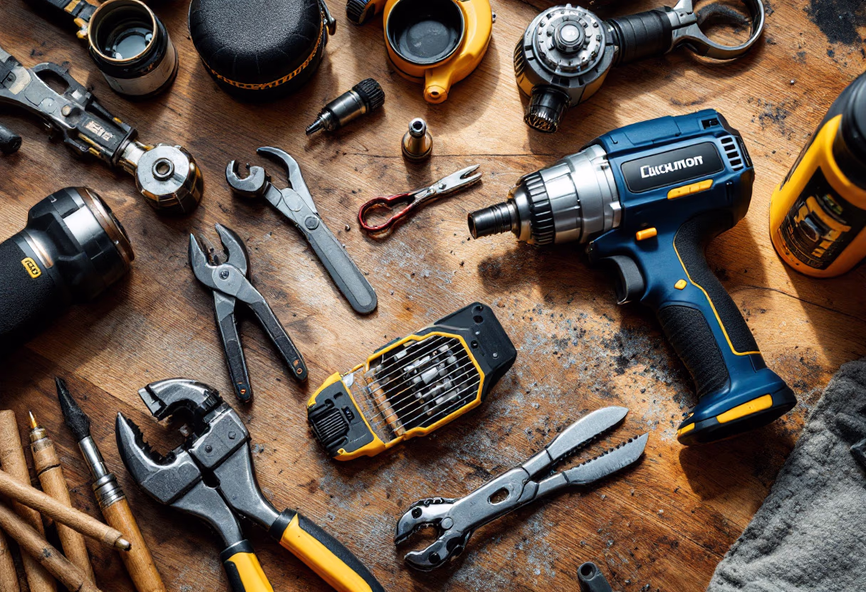 Outils d'artisan posés sur un établi en bois : visseuse, pinces et clés