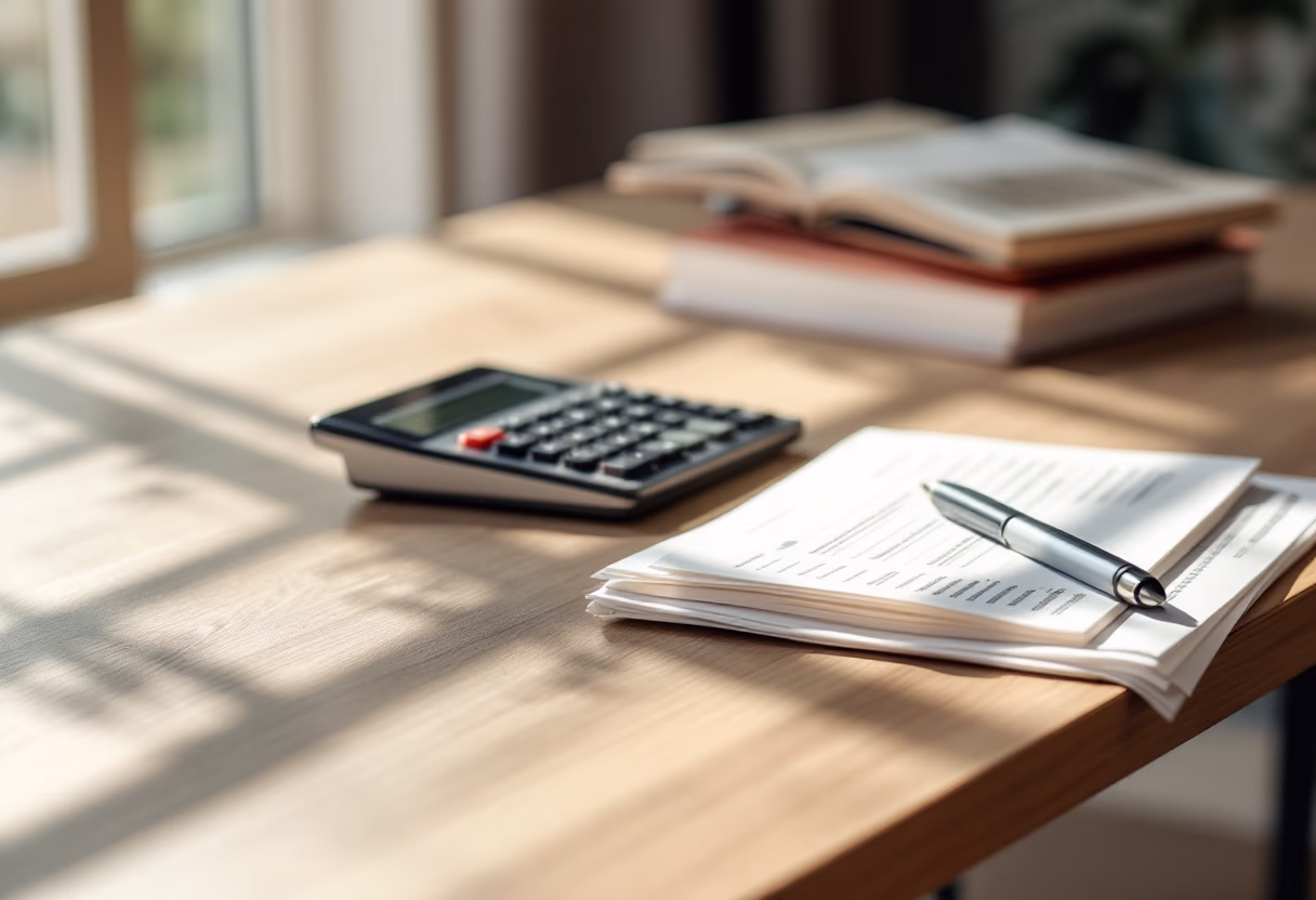Calculatrice, stylo et liasse de documents sur une table en bois
