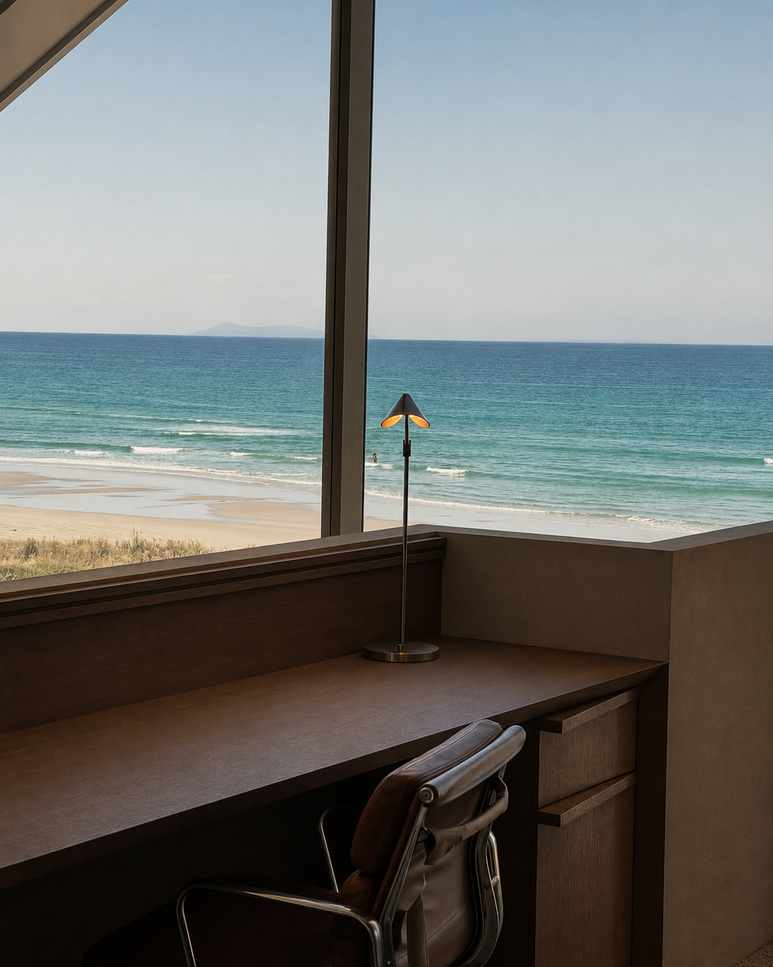 Integrated timber desk joinery with coastal outlook at Coastal Residence