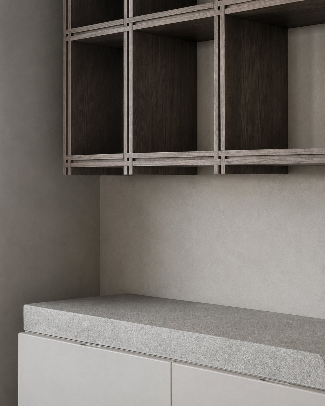 Stone work surface and custom open shelving detail at Coastal Residence