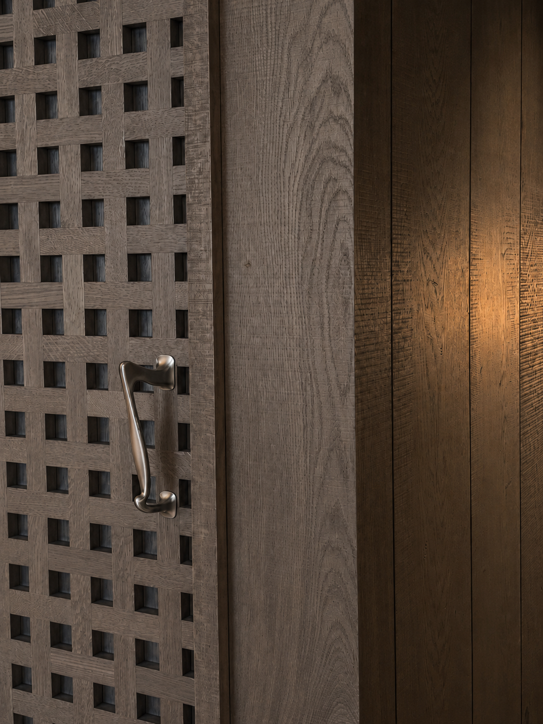 Woven timber panel and custom hardware craftsmanship detail at Coastal Residence