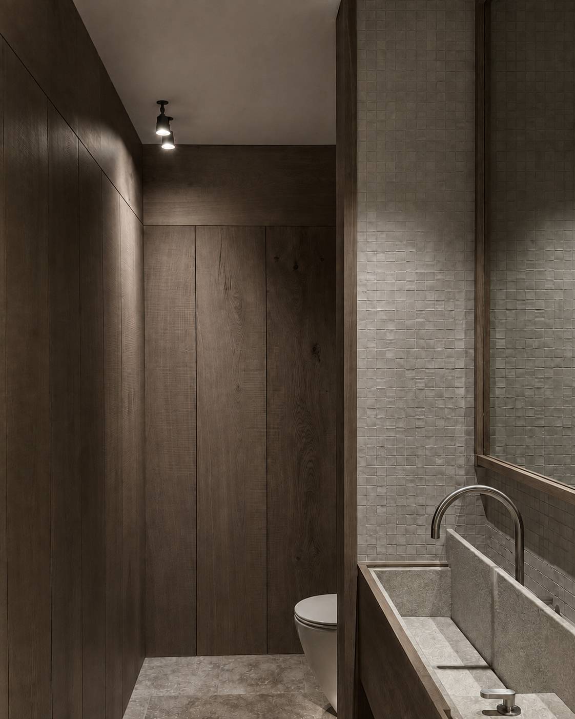 Bathroom vanity joinery and full-height timber wall panelling at Coastal Residence