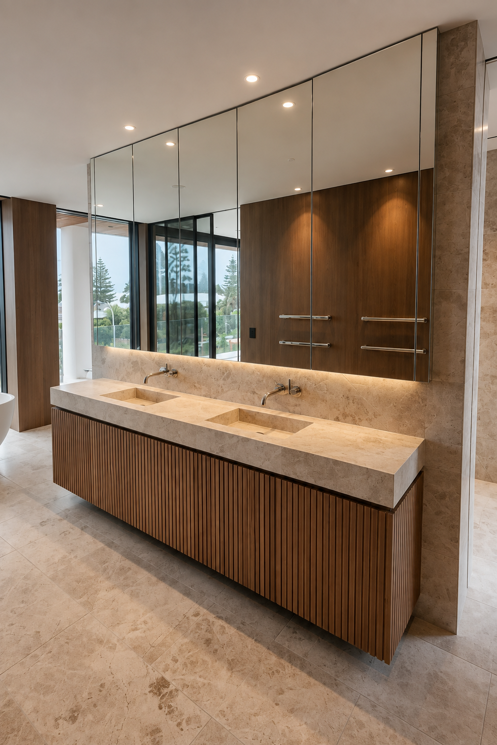 Floating ribbed timber bathroom vanity with stone top and mirrored cabinetry at Mauao Residence