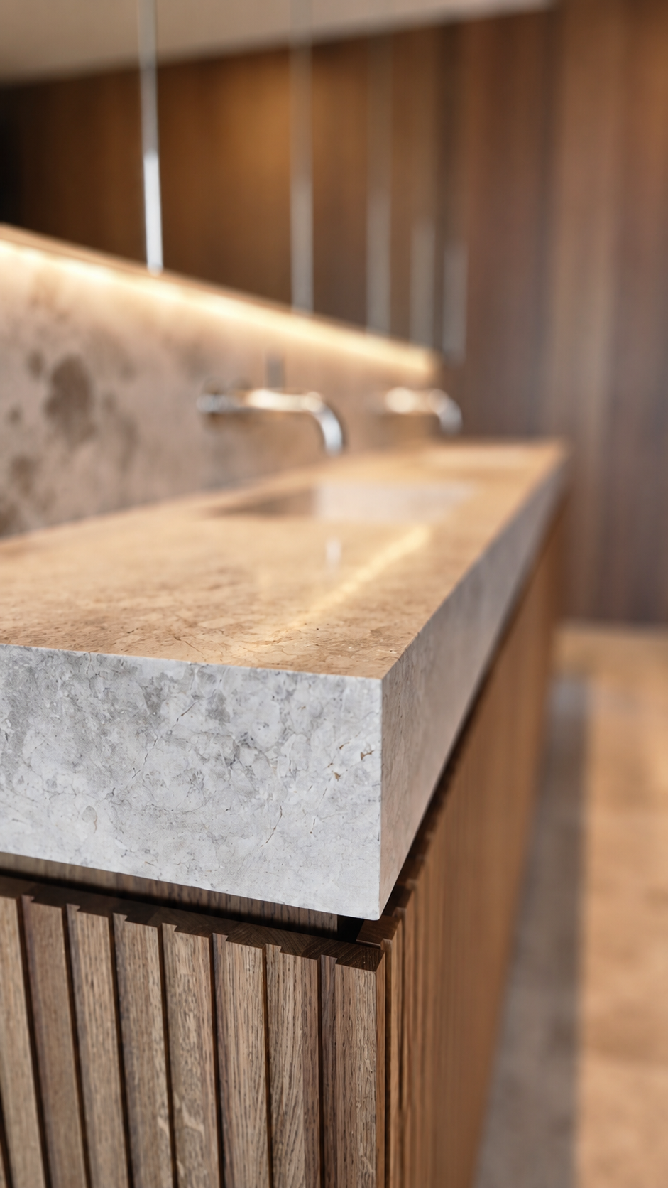 Stone benchtop and ribbed timber vanity junction detail at Mauao Residence