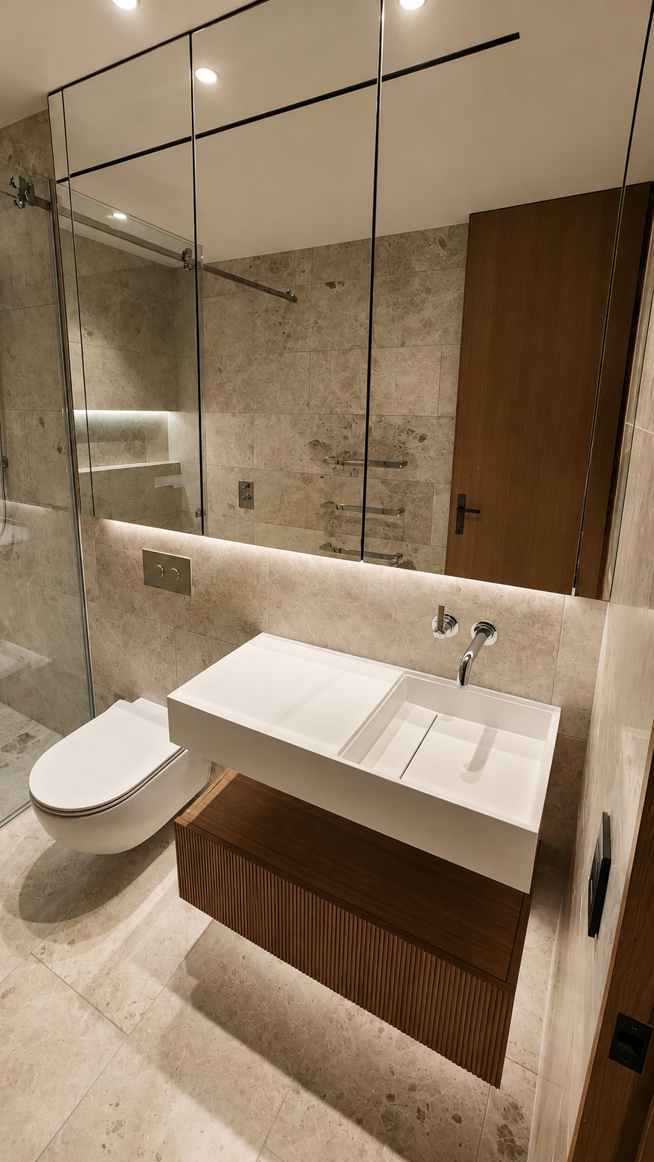 Compact bathroom vanity with ribbed timber drawer and mirrored cabinetry at Mauao Residence