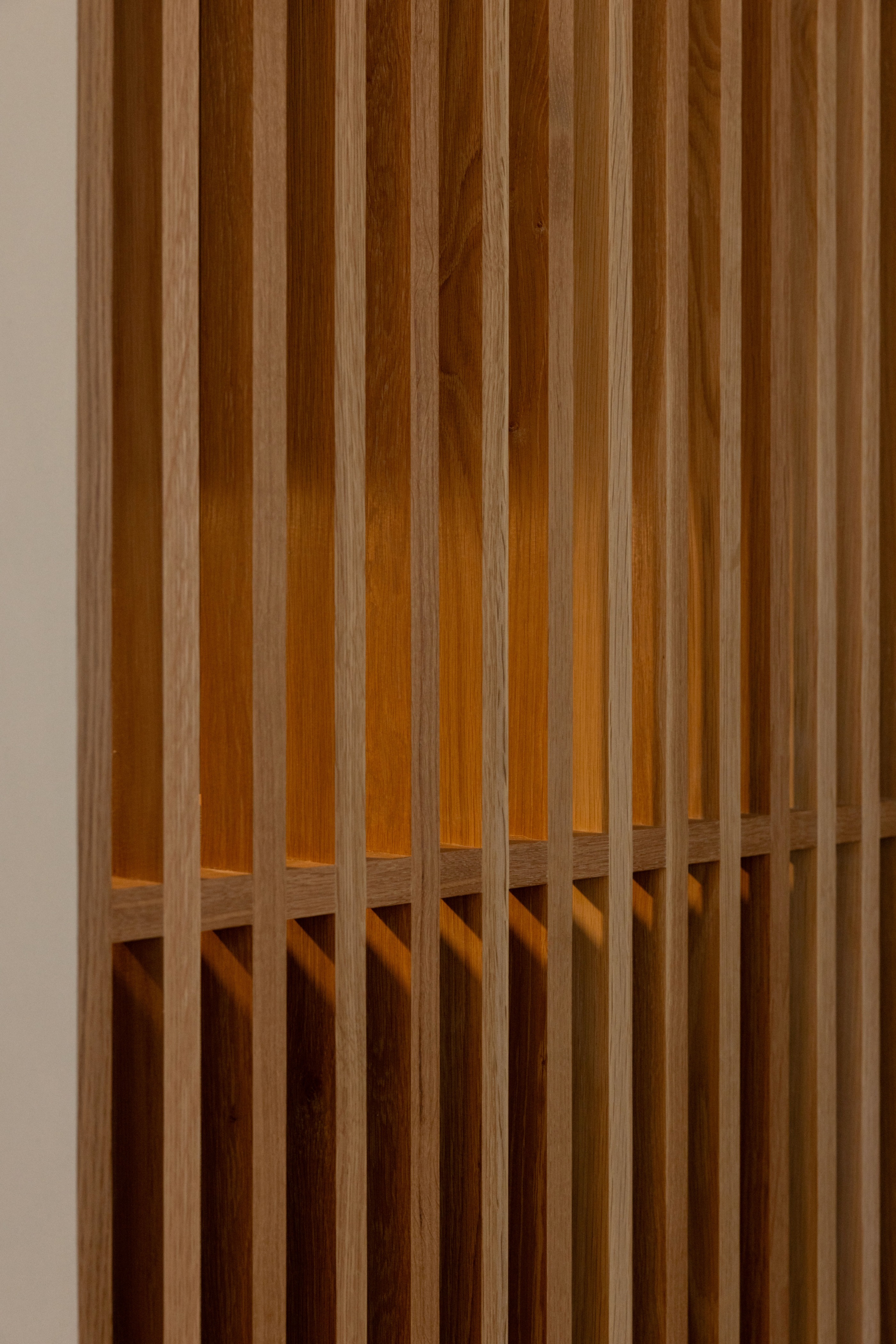 Close view of the vertical timber sliding screen at Westminster Court
