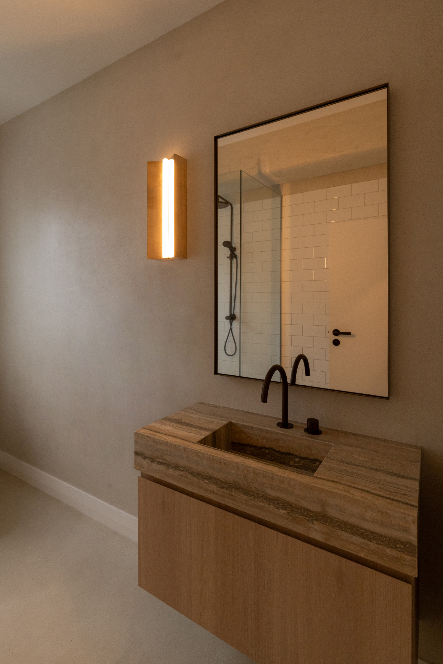 Westminster Court bathroom vanity with stone basin, timber cabinetry and dark satin bronze tapware