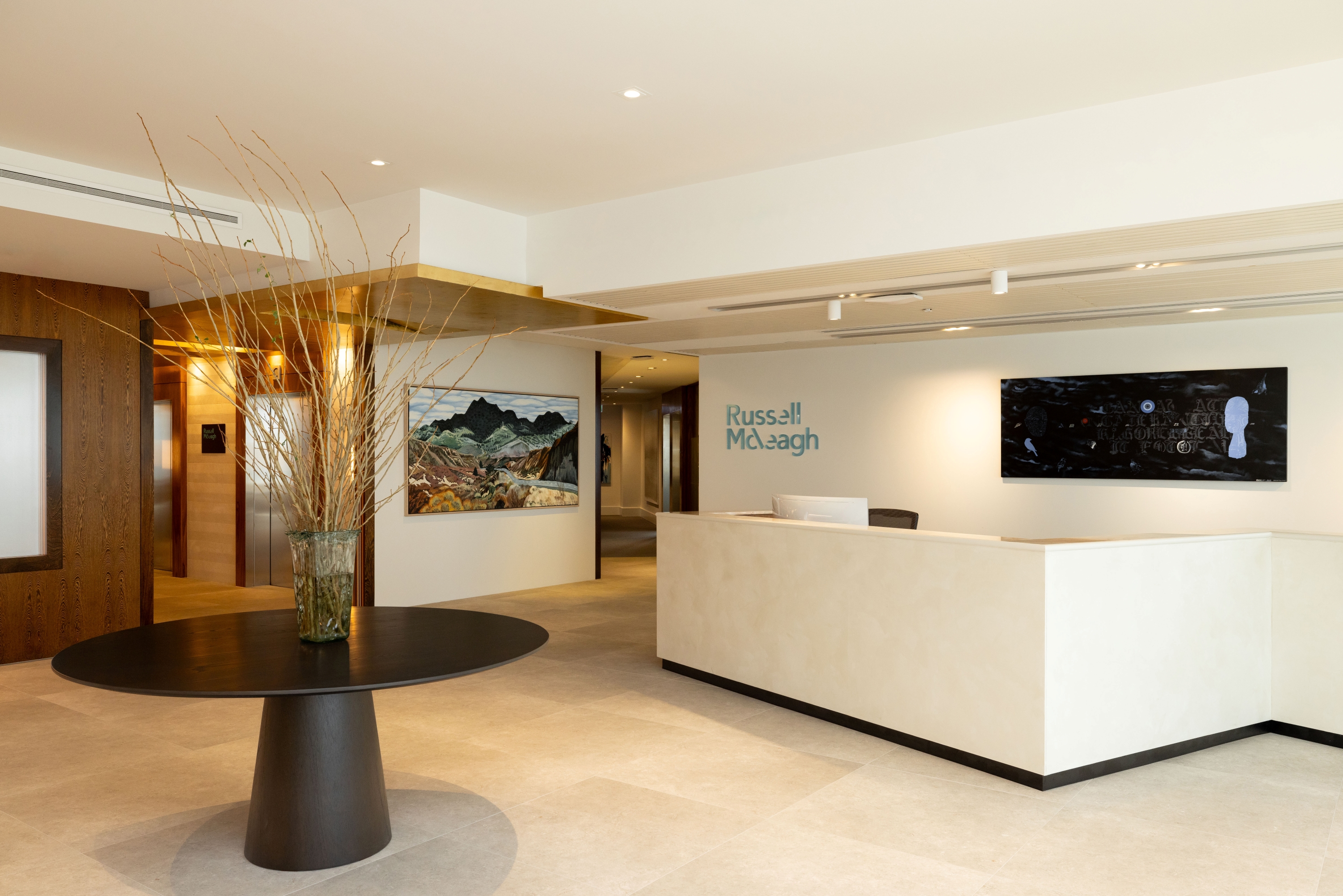 Reception at Russell McVeagh Offices in Auckland with custom workplace joinery and wall panelling