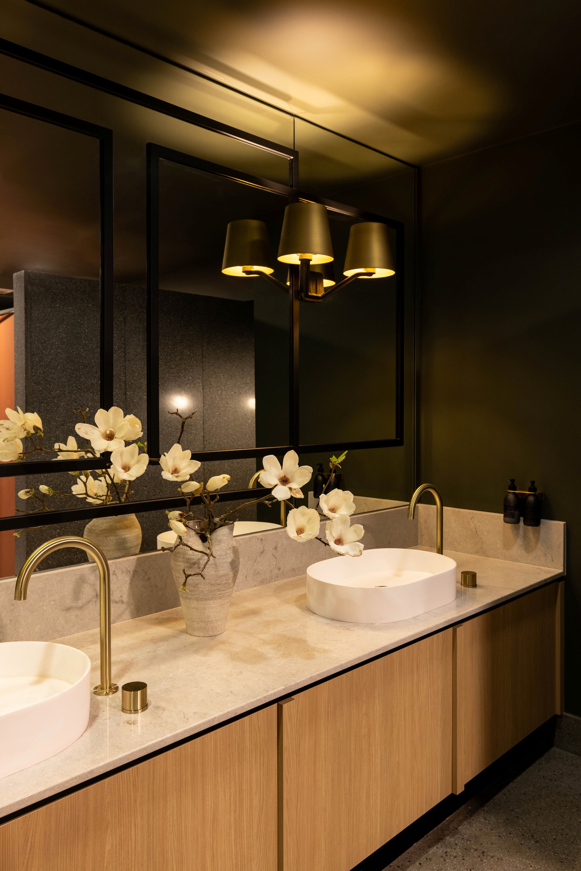 Bathroom vanity with timber cabinetry, stone top and framed mirrors at Russell McVeagh Offices