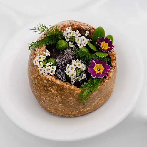 Petite tartine rustique garnie de fleurs comestibles blanches et violettes avec des feuilles vertes.