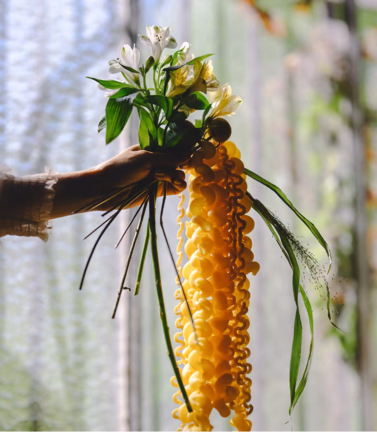 Une main tient un bouquet de fleurs blanches et de longues guirlandes jaunes.