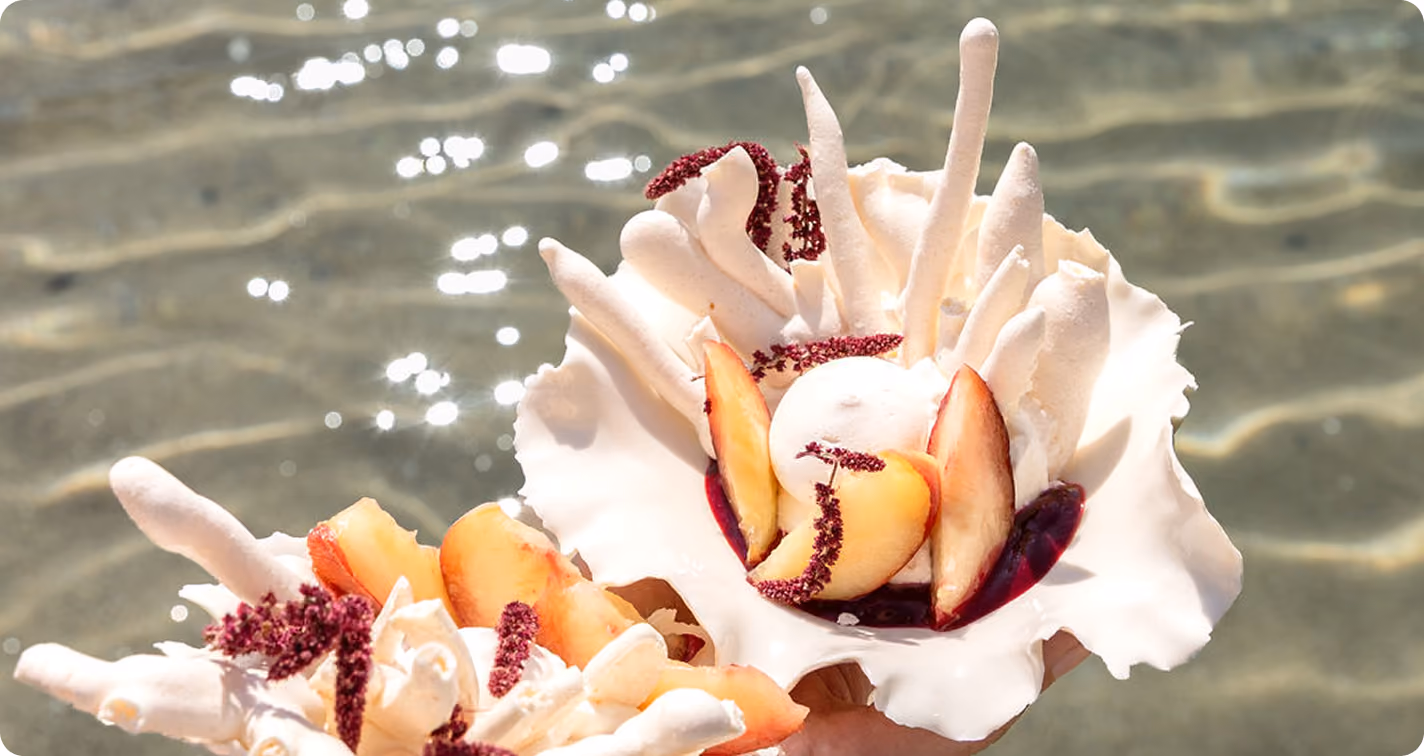 Deux coquilles remplies de dessert avec meringue, tranches de pêche et garniture rouge sur fond d'eau scintillante.