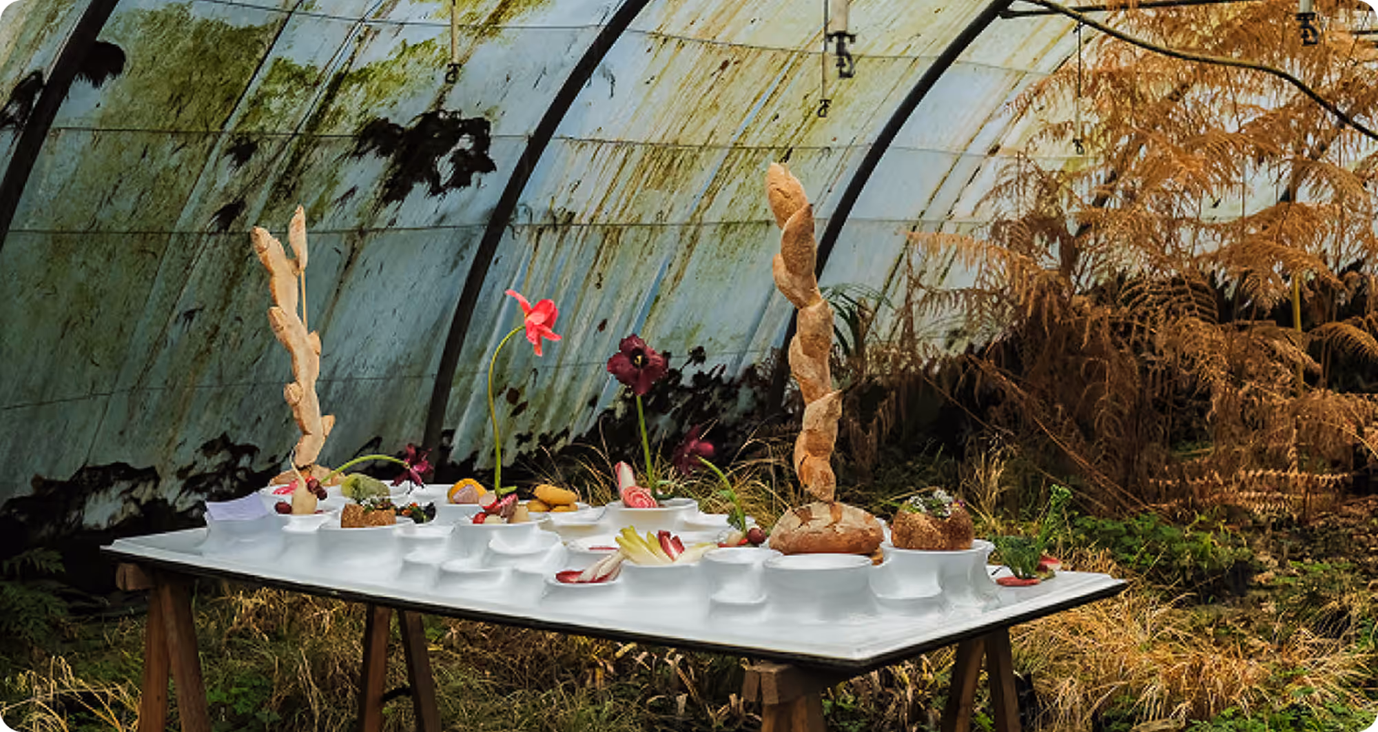 Table with artistic bread sculptures and flowers inside a greenhouse with overgrown plants.