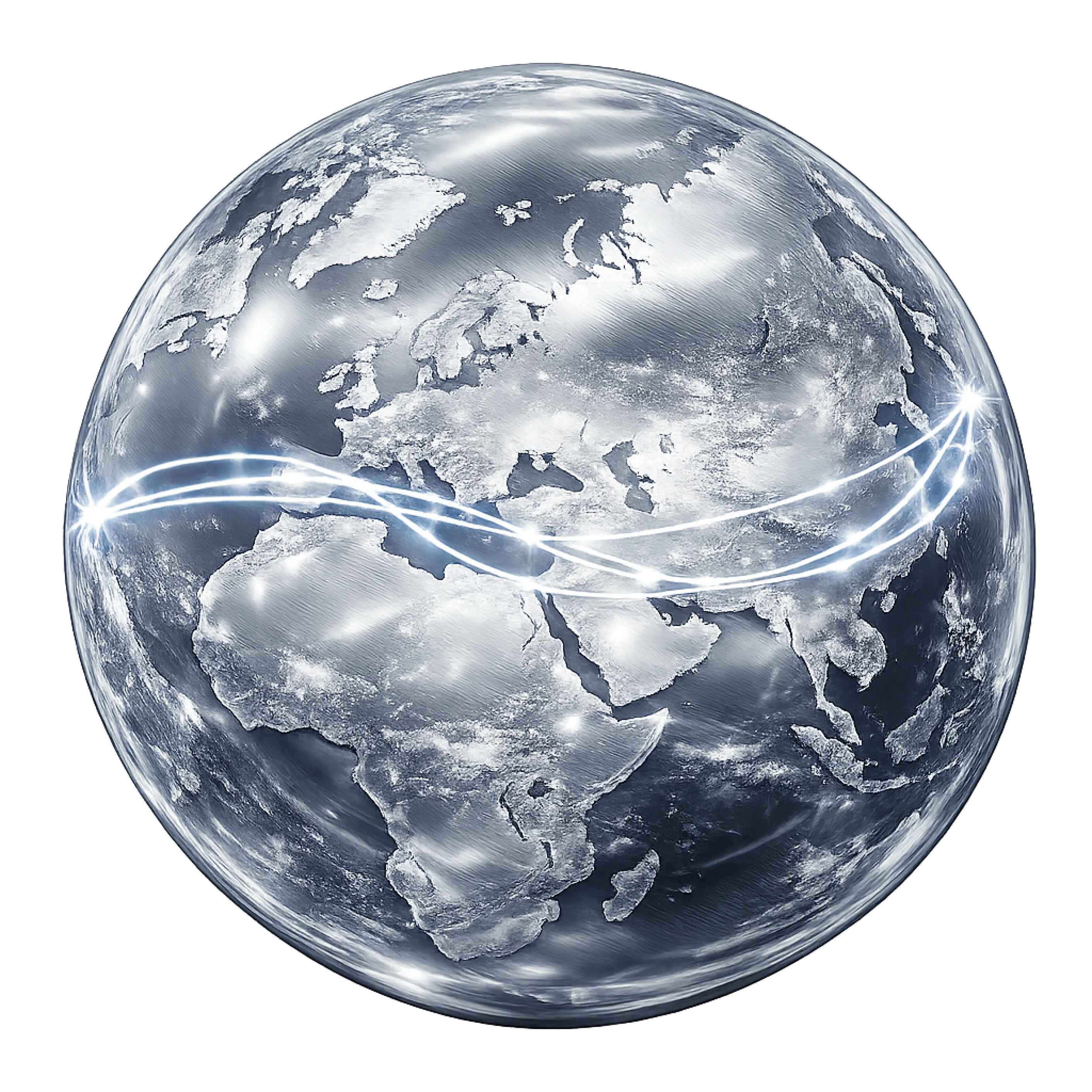 Digital globe showing Europe, Africa, Asia with glowing light paths connecting continents.