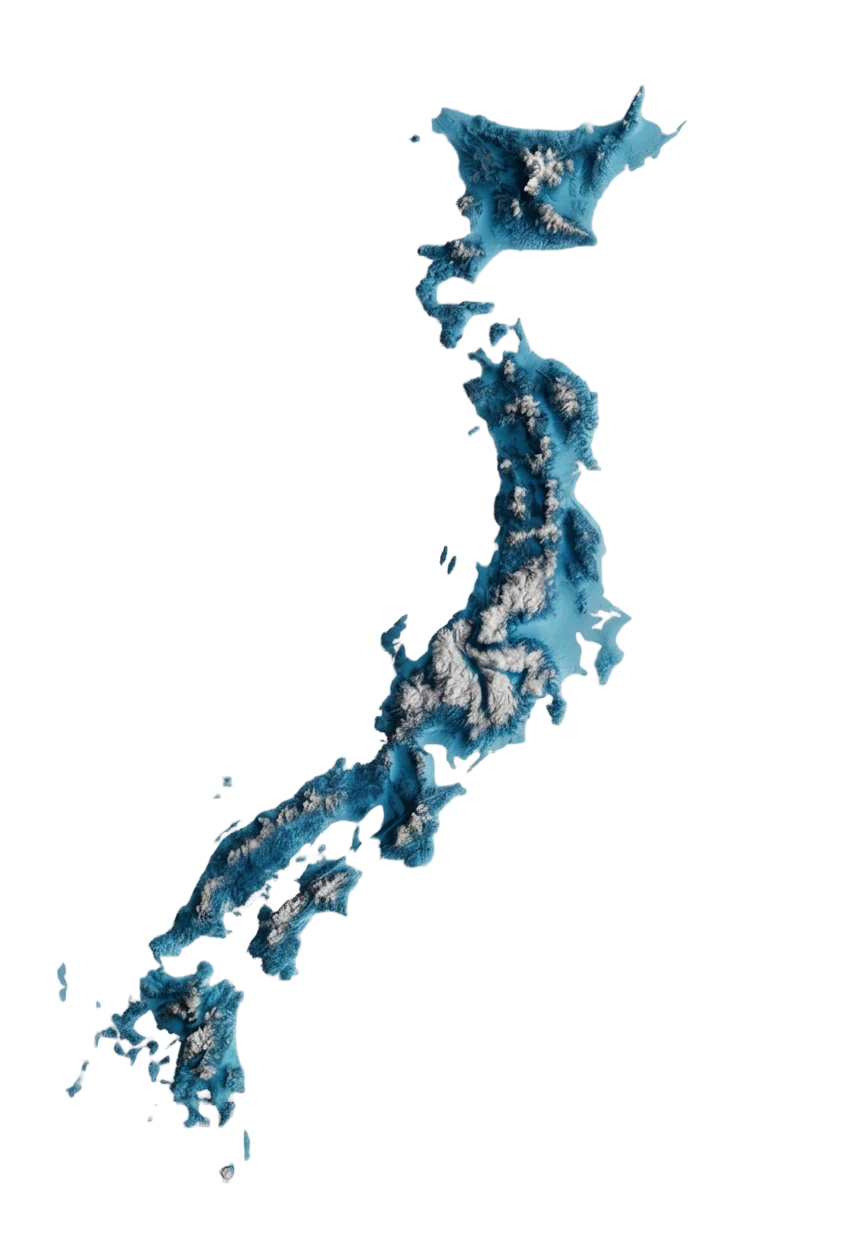 3D topographic map of Japan showing mountainous terrain surrounded by ocean.