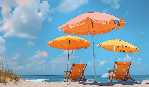 Three orange beach umbrellas and chairs on white sand near gentle ocean waves under a blue sky.