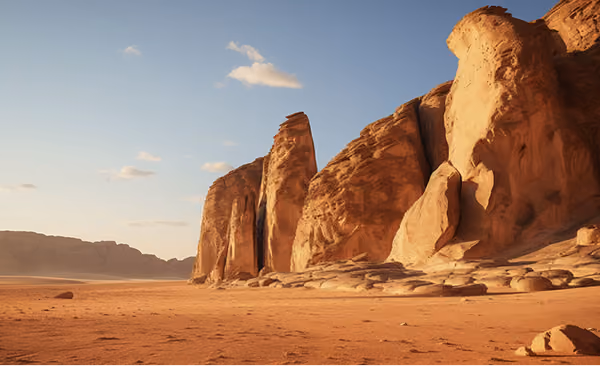 Sunlit tall rock formations in a desert under a blue sky with scattered clouds.
