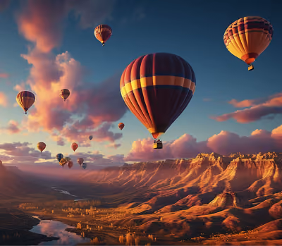 Multiple hot air balloons floating over a sunlit canyon with a river below at sunset.