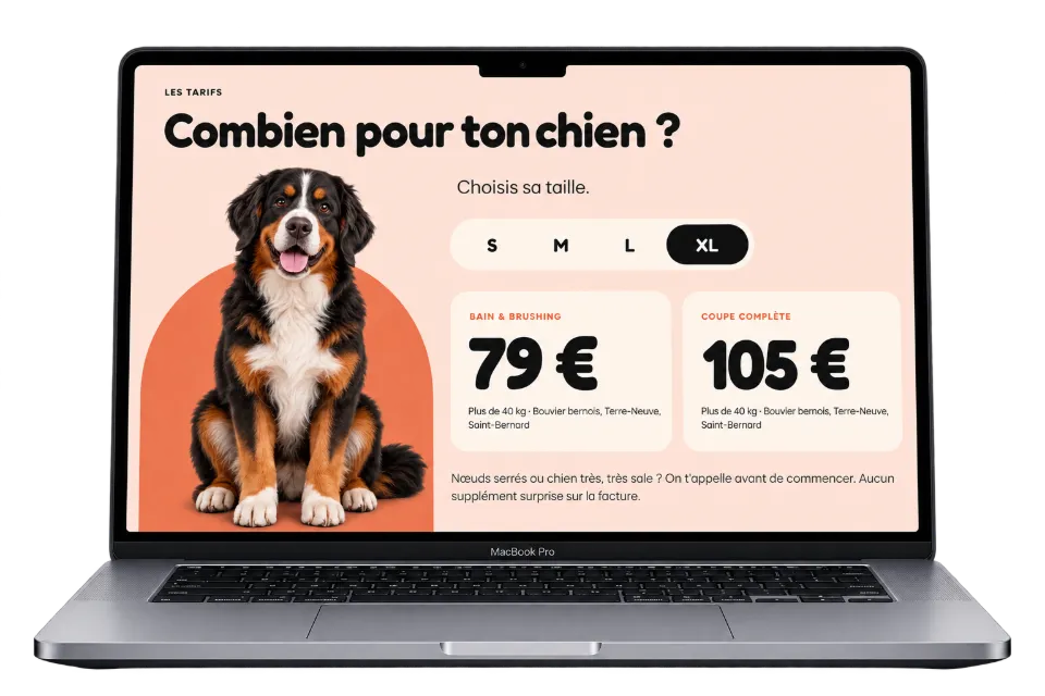 Section tarifs du site Fresh Paws : bain, brushing et coupe selon la taille du chien