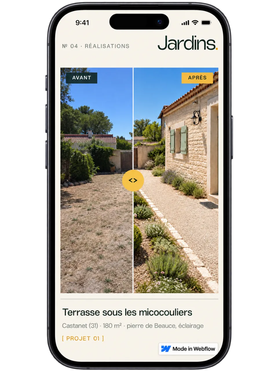 Avant/après d’une terrasse de jardin sur le site Solstice, version mobile