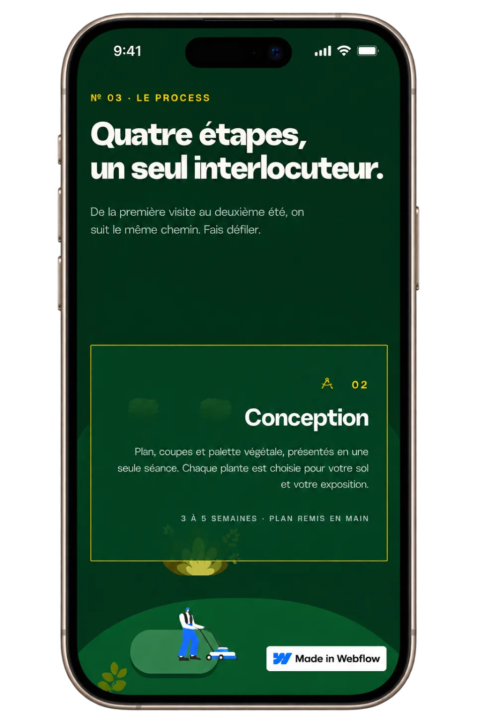 Process de conception d’un jardin en quatre étapes sur le site Solstice, version mobile