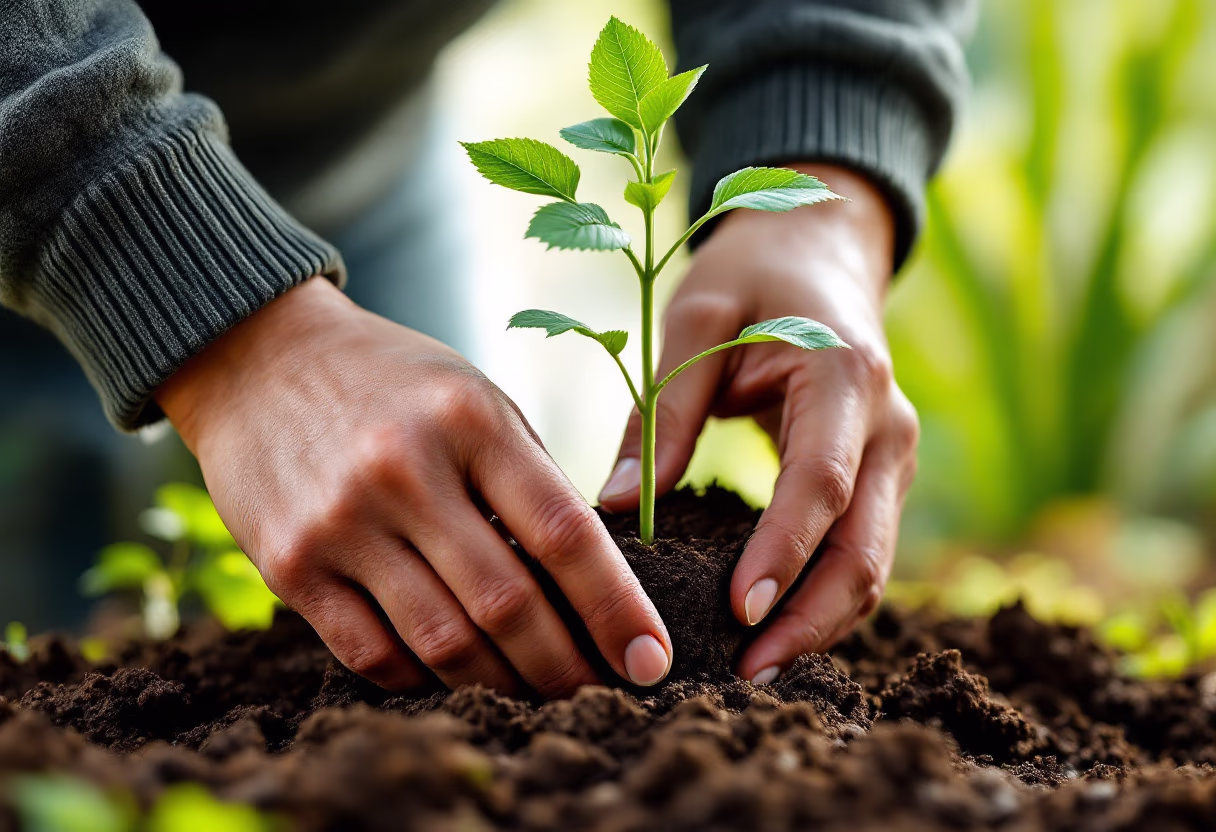 close-up of hands planting a sapling
