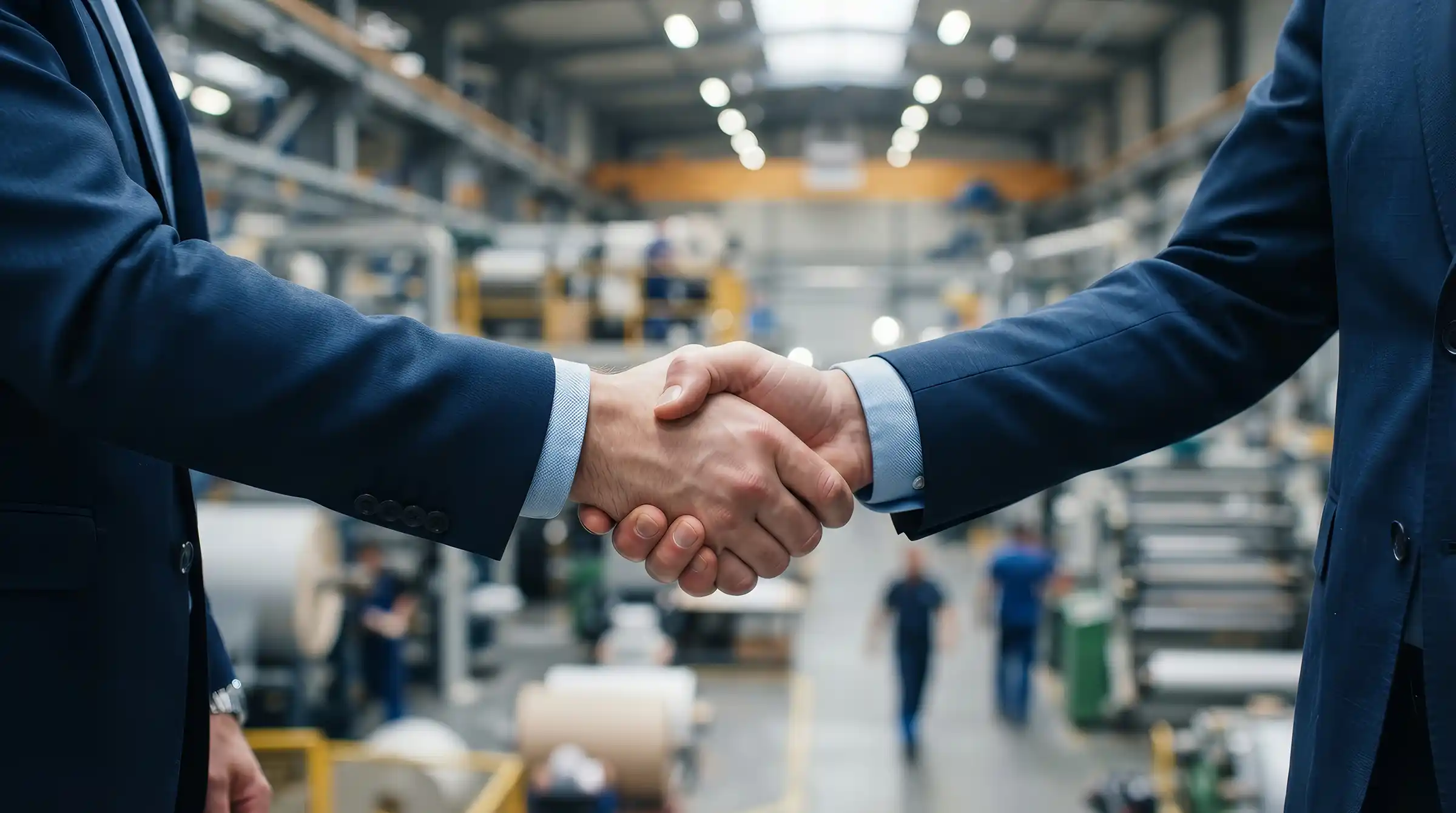 Handschlag zwischen zwei Geschäftspartnern in einer Produktionshalle