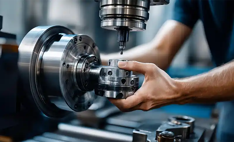 CNC-Einrichtung: Mitarbeiter spannt ein Werkstück in eine Werkzeugmaschine