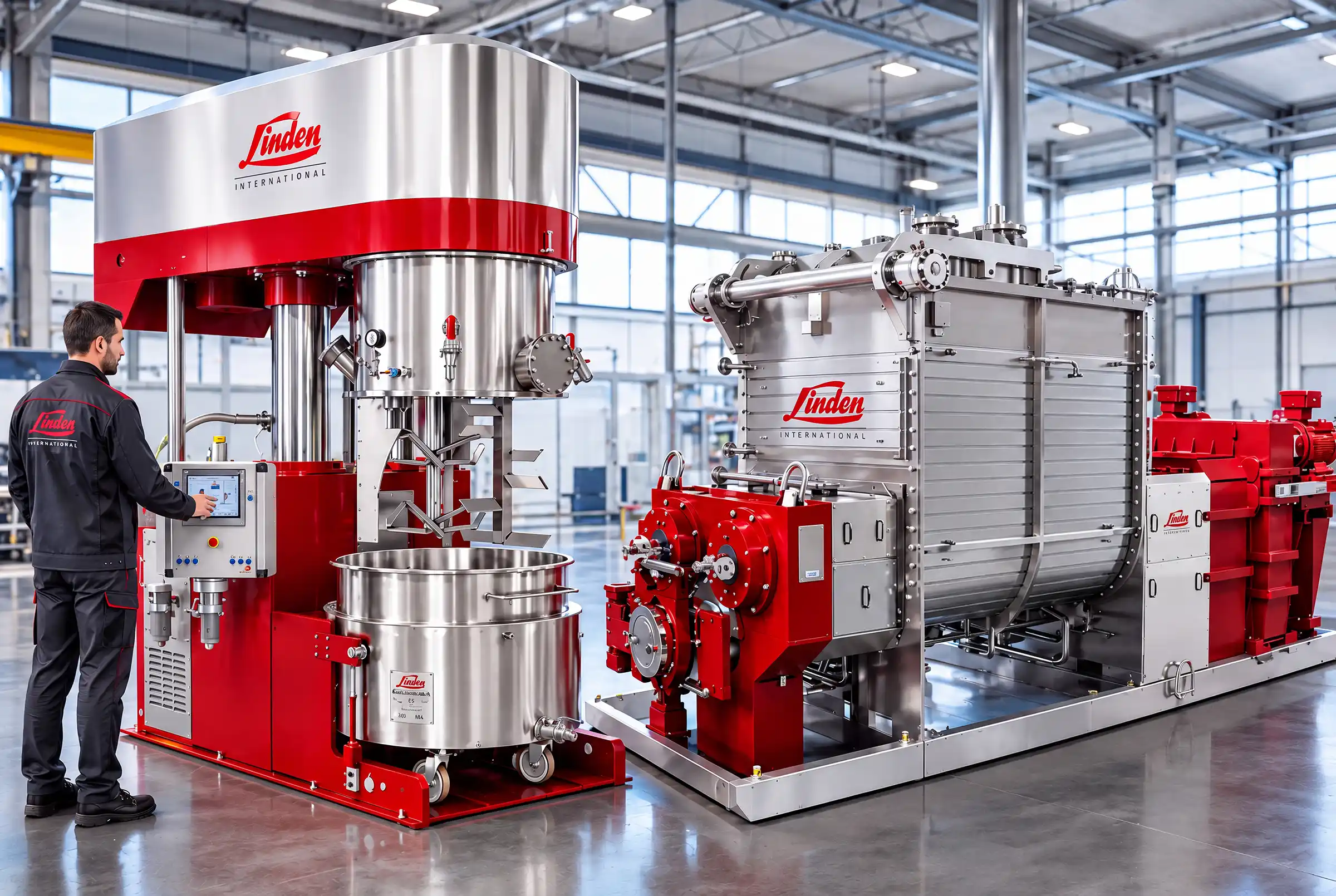 Linden Doppel-Z-Kneter und Planetenmischer in einer Produktionshalle mit Mitarbeiter