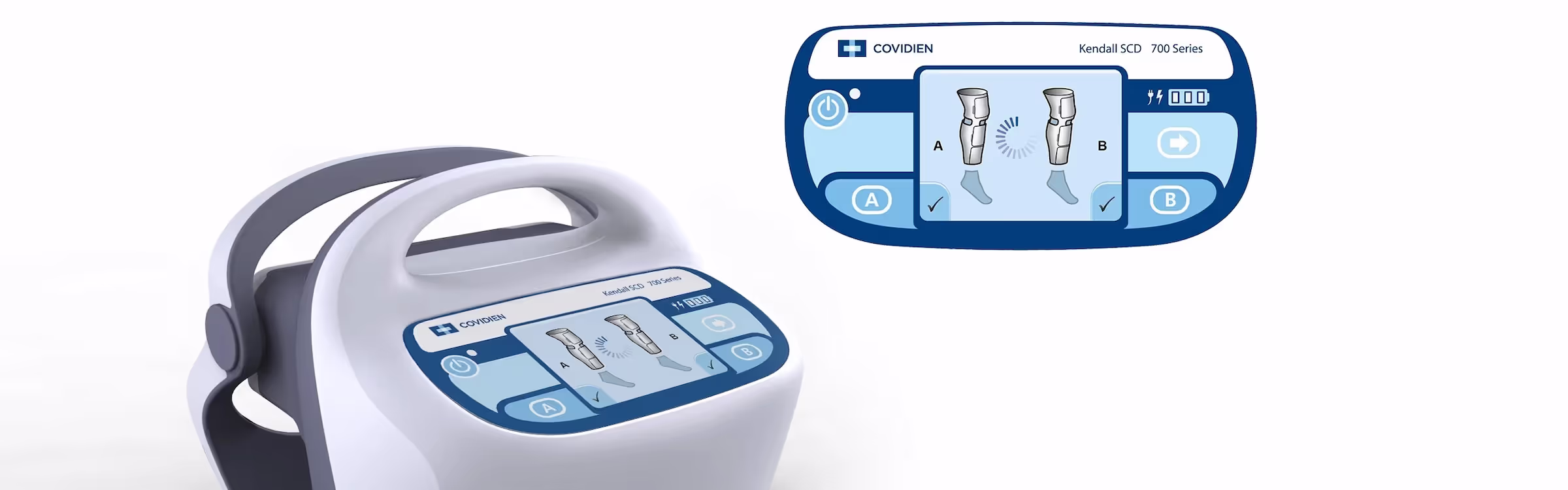 Covidien Kendall SCD 700 Series controller showing the touchscreen interface for leg and foot compression therapy controls.