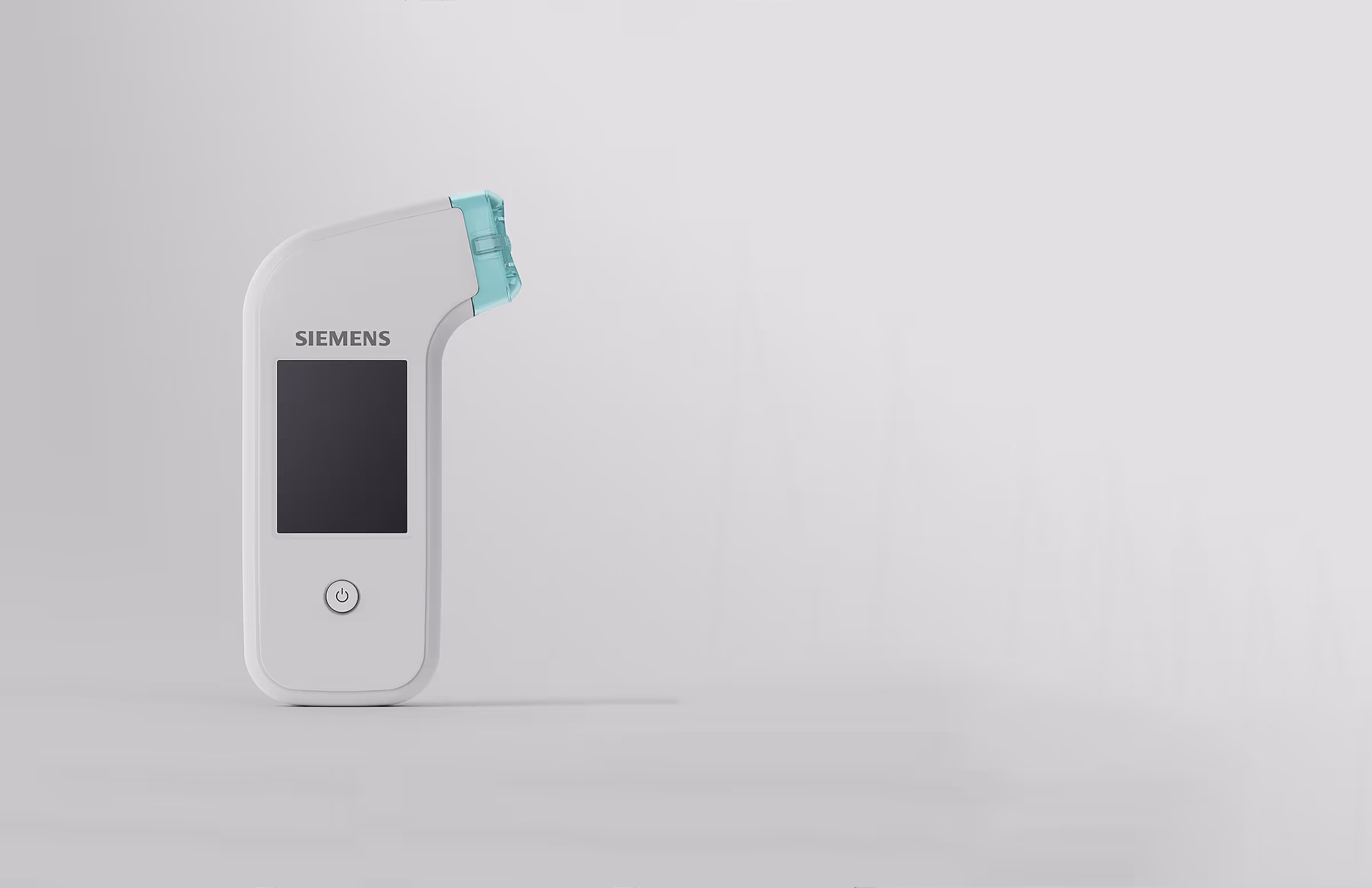 Light gray, handheld Siemens medical device with turquoise top attachment.