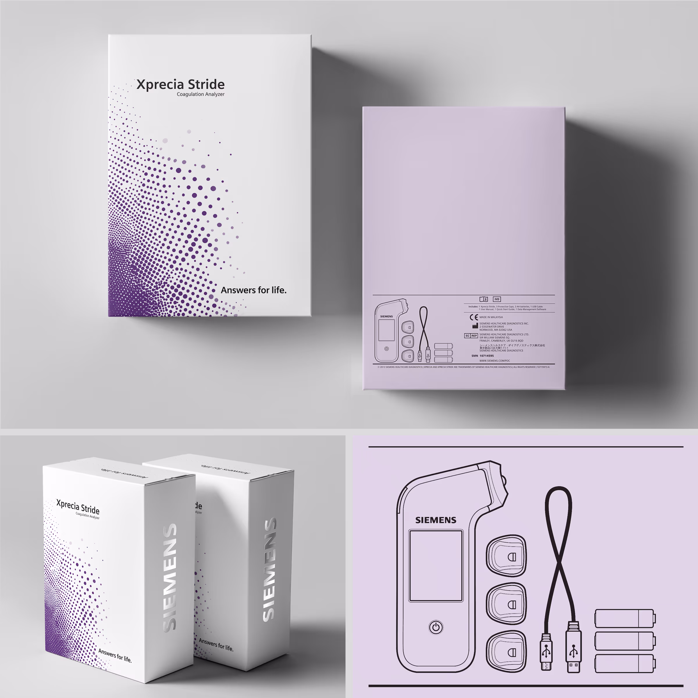 Siemens Xprecia Stride product packaging shown as front and back box renderings with purple dot-pattern graphics, Siemens branding, product labeling, and device contents illustration.