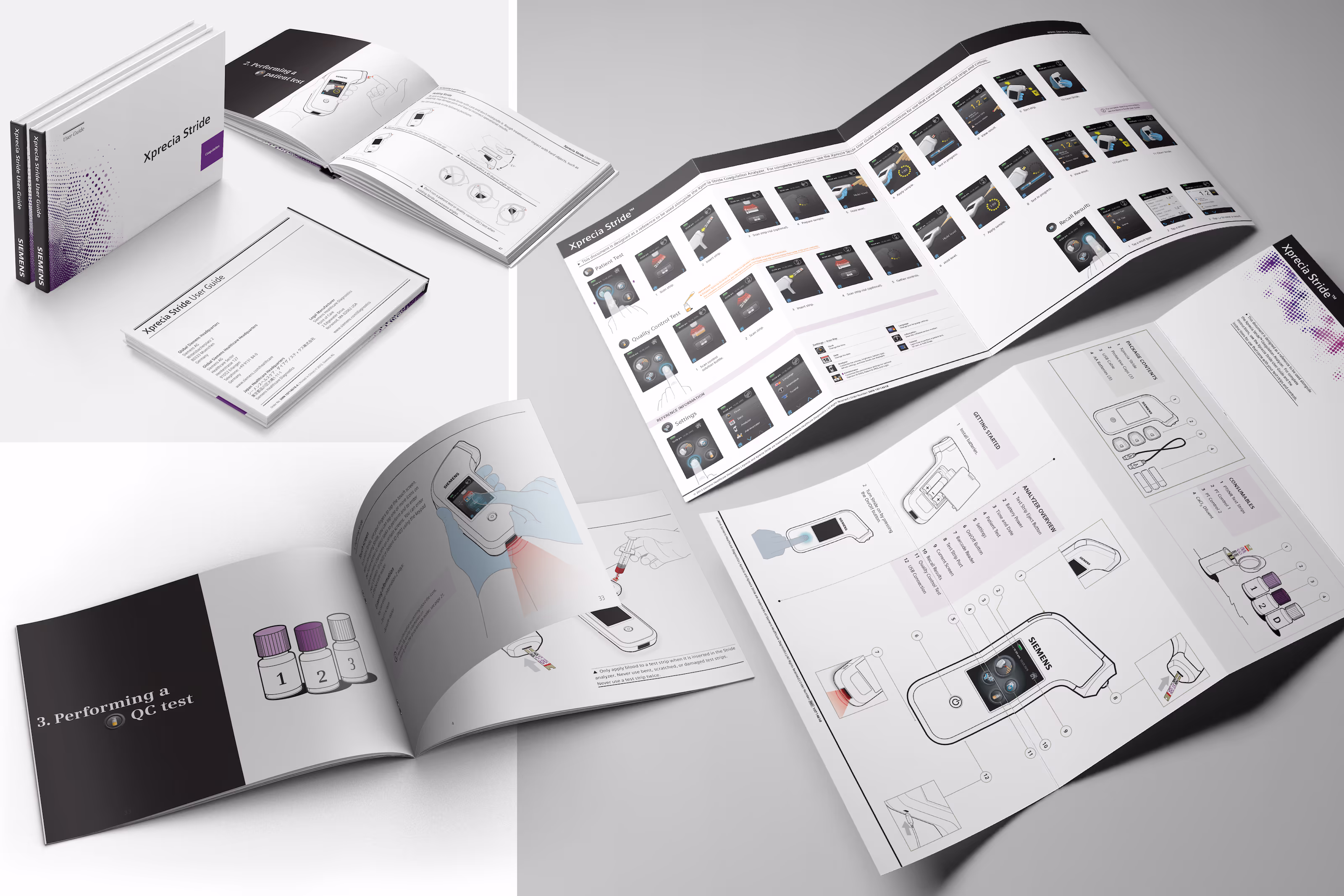 Xprecia Stride instructional documentation suite showing a boxed user guide, open guide spread, unfolded quick-reference guide, and device anatomy setup document.