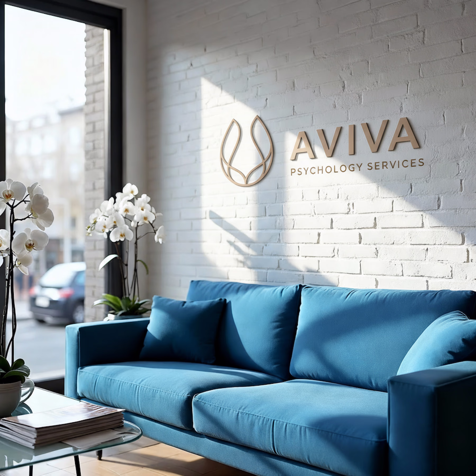 Aviva Psychology lobby featuring the logo wall.