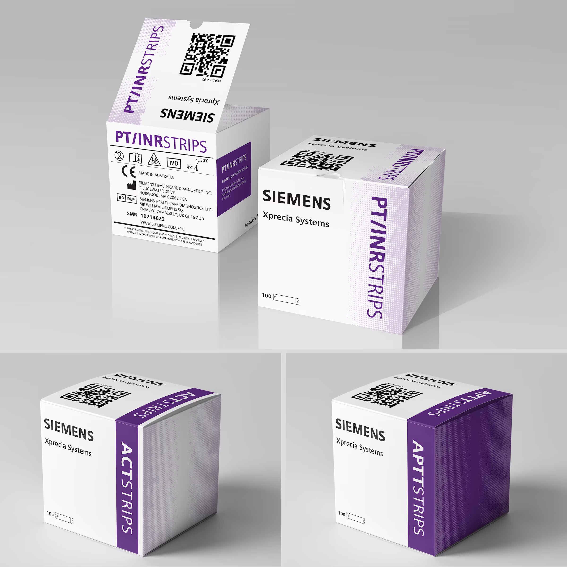 Siemens Xprecia PT/INR and ACT test-strip boxes showing consumable packaging with purple product labeling, regulatory markings, QR-style codes, and product-family branding.
