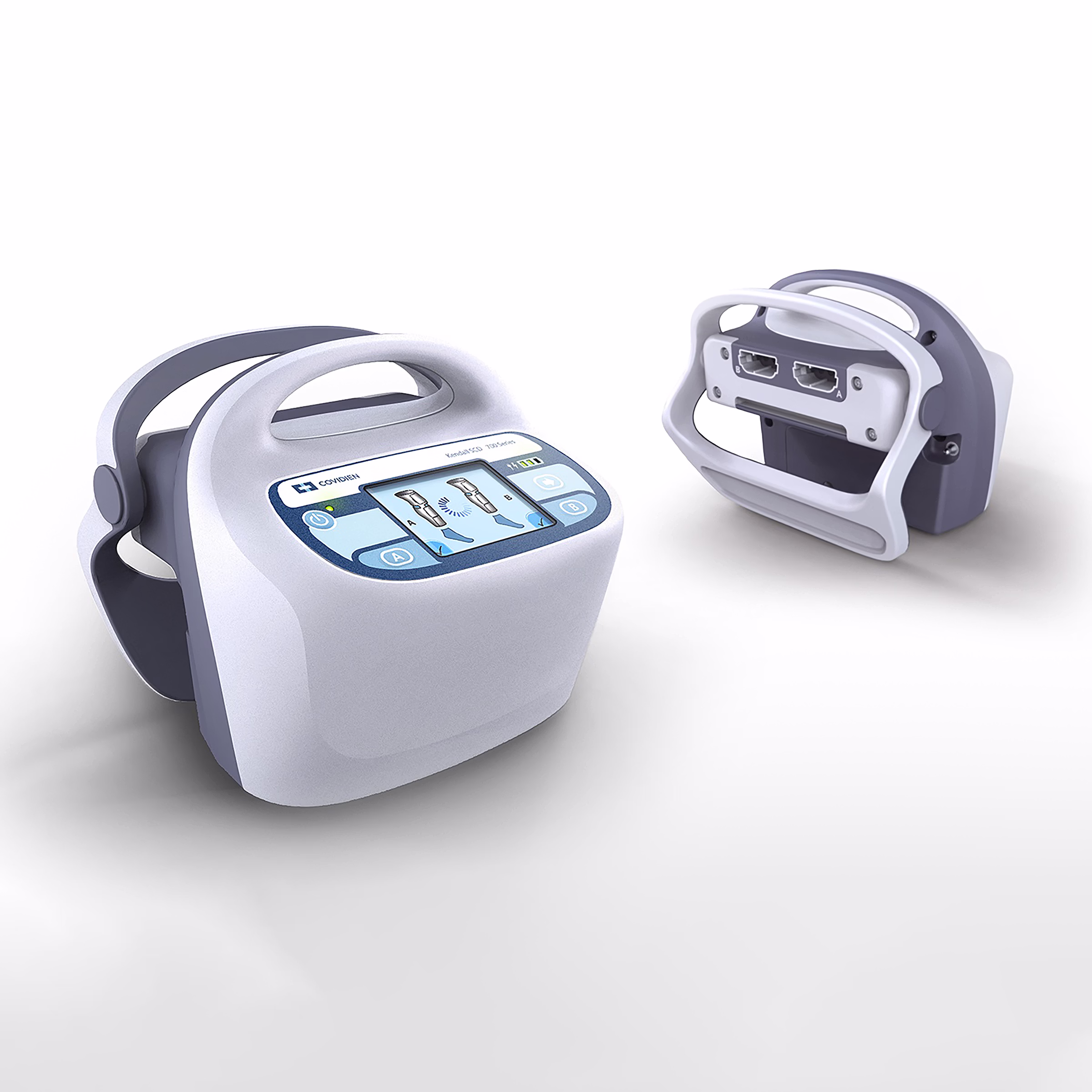 Two views of the Covidien Kendall SCD 700 compression controller on a white background, showing the front user interface with garment-detection screen and the rear bedrail-mount connection ports.