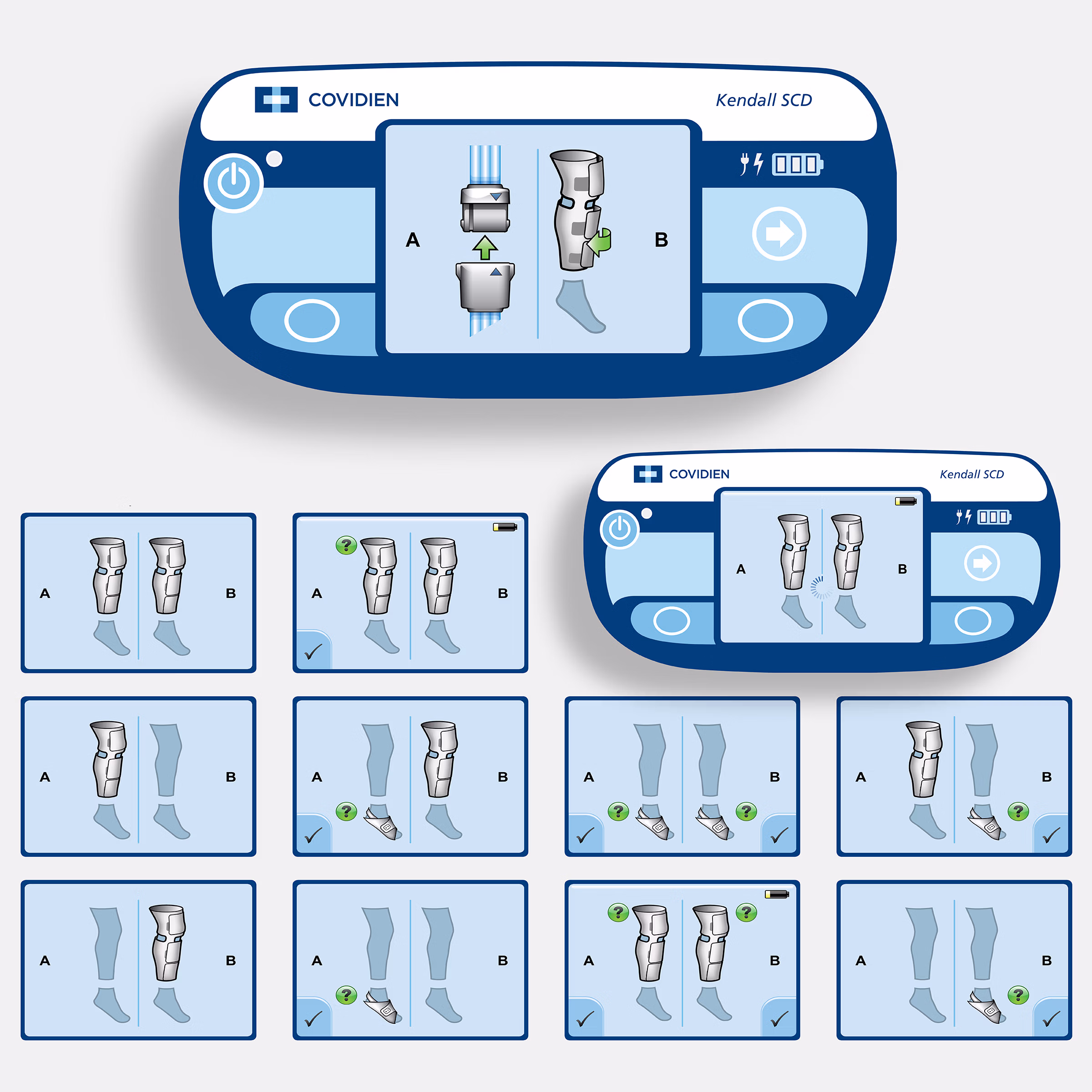 Representative Kendall SCD 700 interface artwork showing simplified garment-state screens for port A and port B, including connected garments, sleeve states, foot cuffs, confirmation cues, and device interface examples.