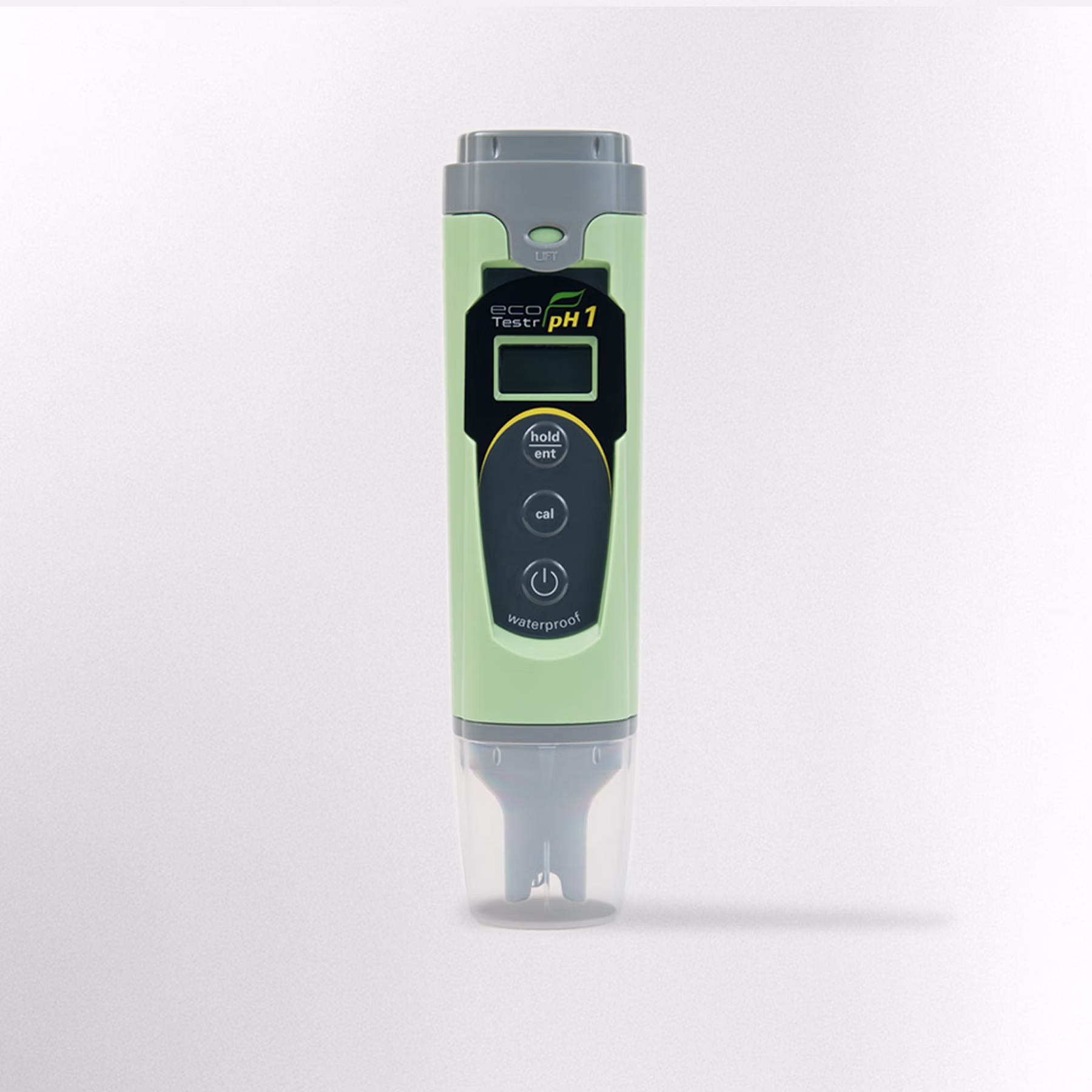 Eutech EcoTestr pH 1 pocket tester shown upright on a light background, with black membrane graphics, tactile buttons, gray cap, and transparent protective sensor cover.