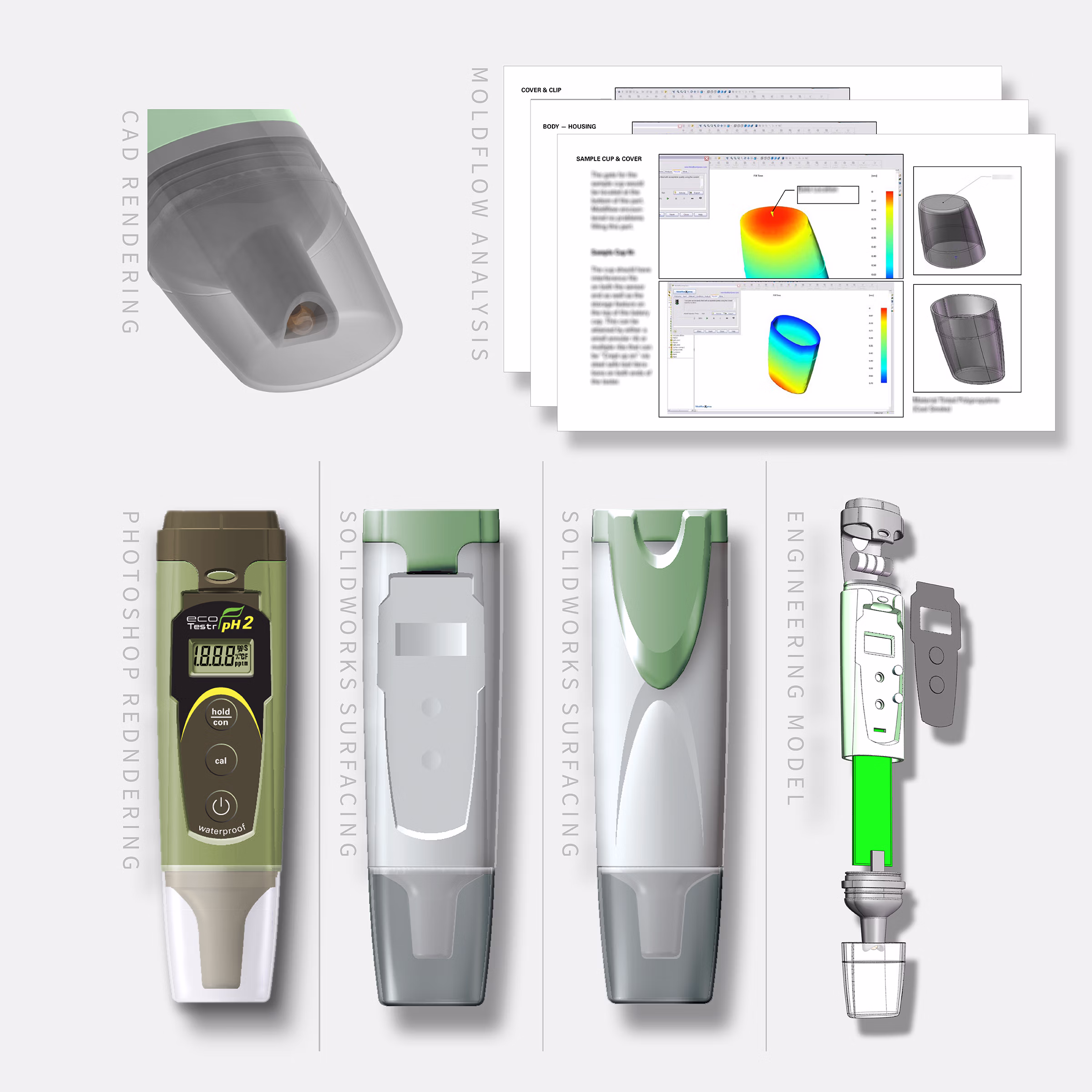 Composite showing EcoTestr housing development: a CAD rendering of the cap and probe assembly, blurred Moldflow fill analysis documents for the sample cup and body housing, a Photoshop color study of the pH2 in an early olive colorway, two SolidWorks surfacing stages showing form progression, and an exploded engineering model showing the internal probe, battery compartment, and component layout.