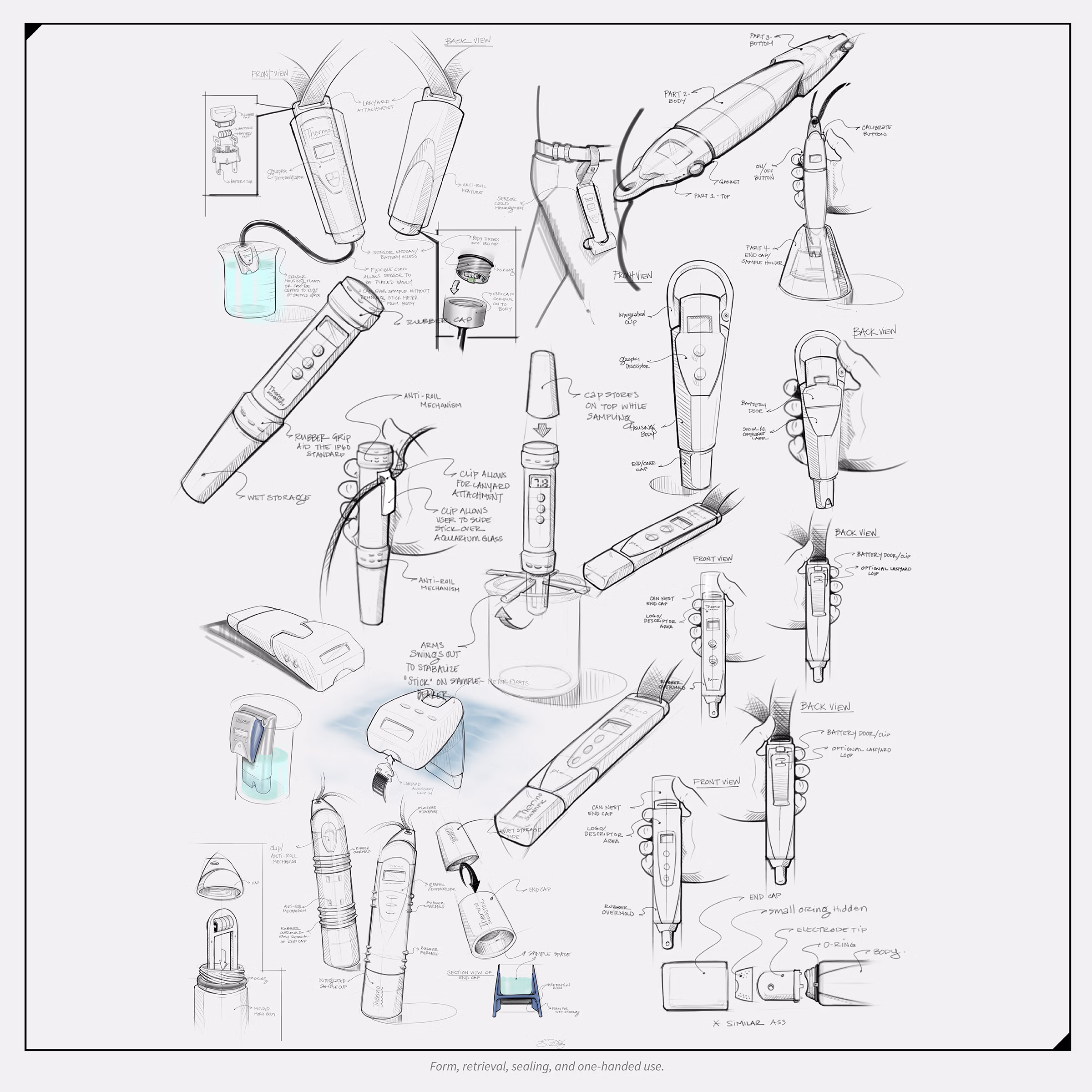 Dense ideation sheet showing EcoTestr pocket tester concept sketches exploring form variants, cap storage during sampling, lanyard and clip attachment mechanisms, floating body construction, annular seal detail, battery door access, and one-handed grip studies.