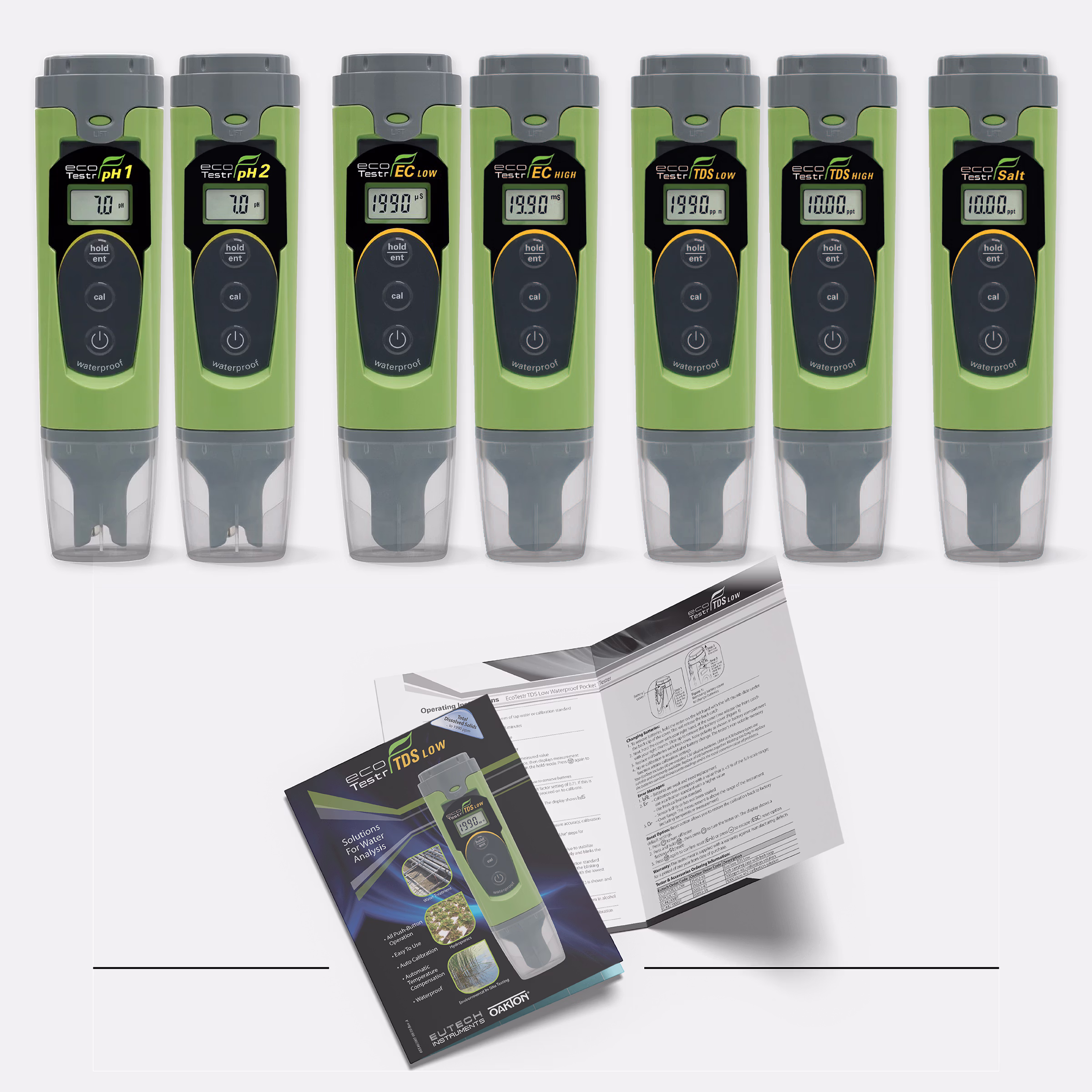 Seven green Eutech EcoTestr pocket tester variants arranged in a row above an Eutech TDS Low product brochure and operating instructions showing the Oakton co-brand at the bottom.