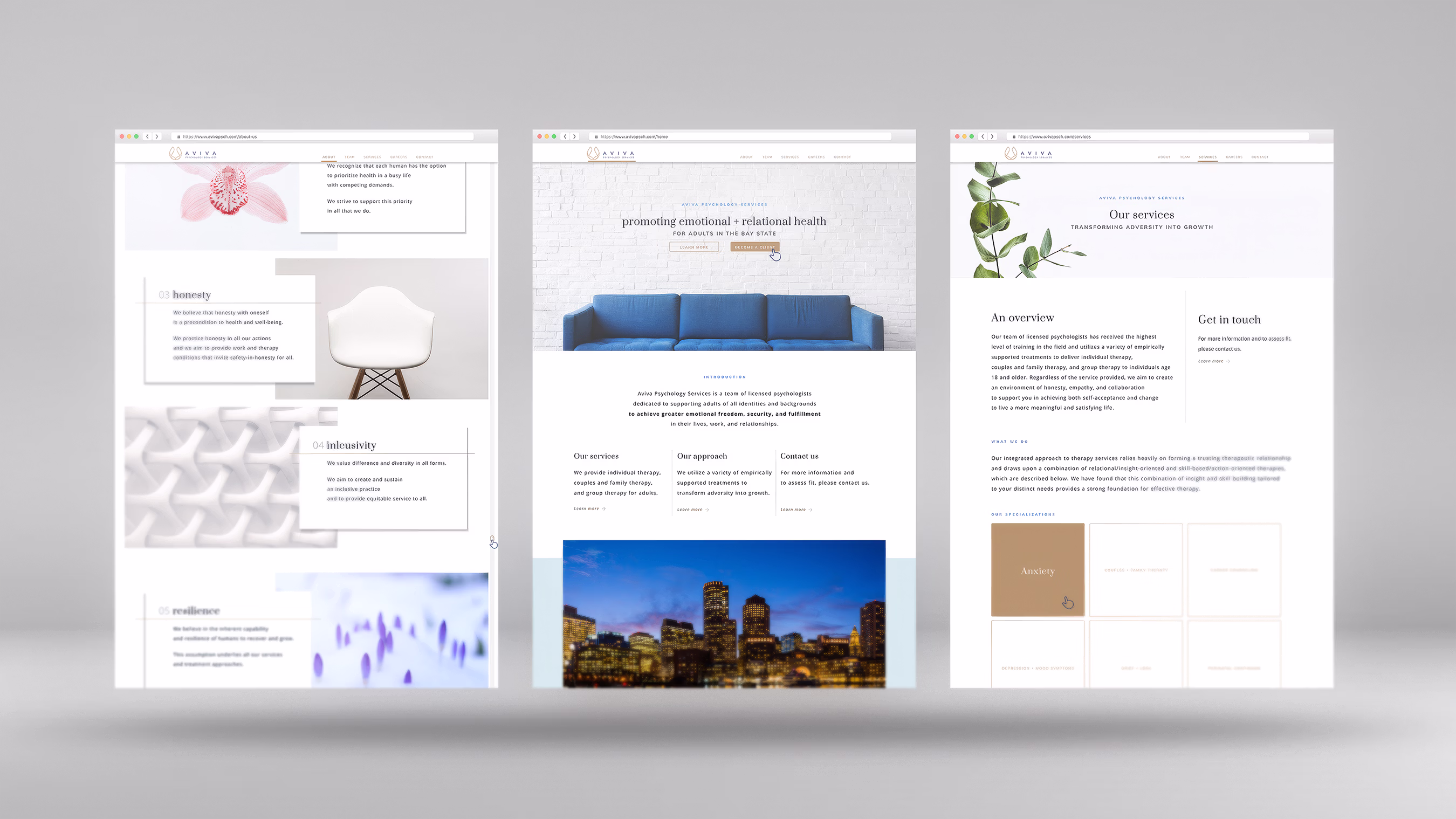 Three-panel composite showing the Aviva Psychology Services website across the values page with honesty and inclusivity sections and curated imagery, the homepage with blue sofa hero and services overview, and the services page with specialty clinic categories and botanical imagery.