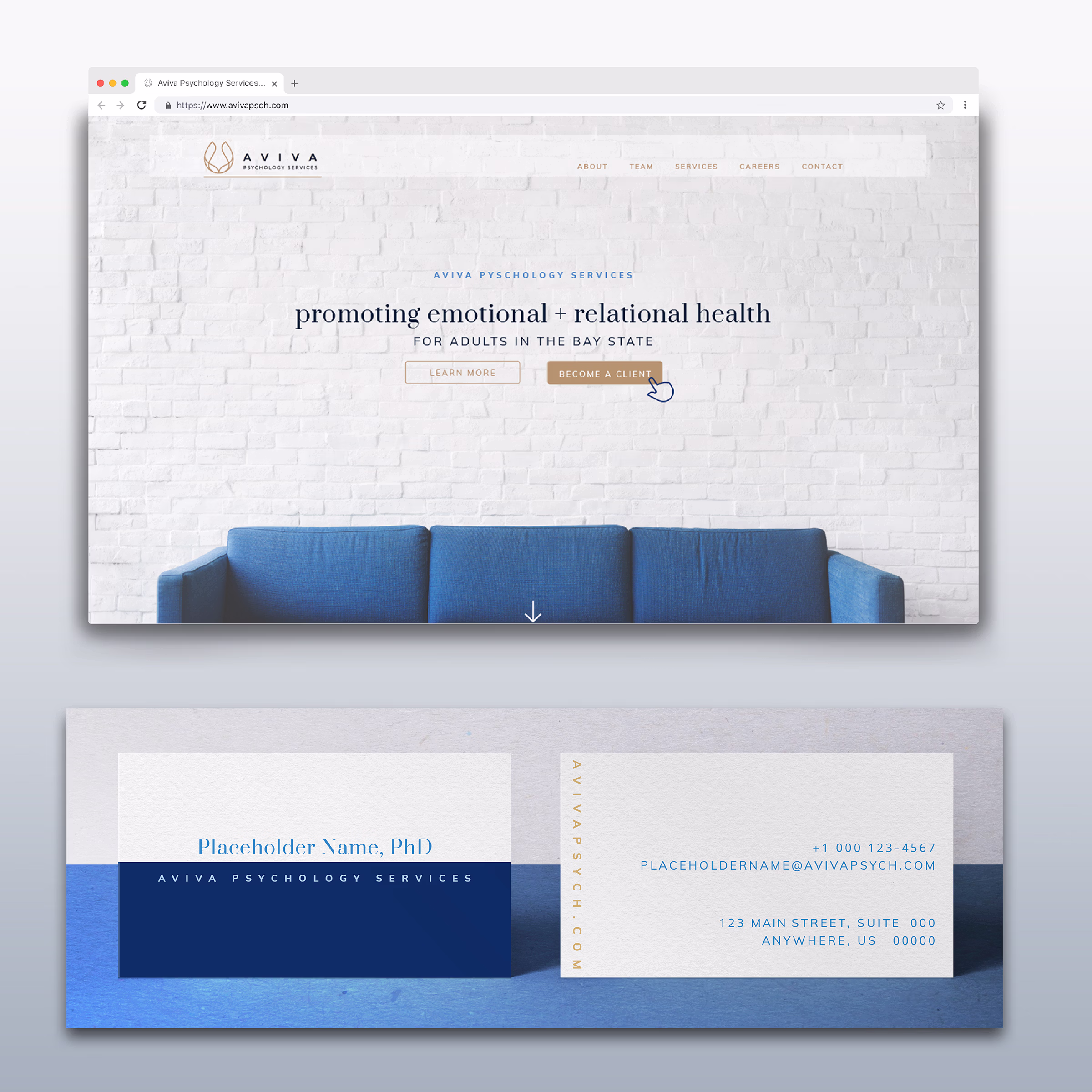 Composite showing the redesigned Aviva Psychology Services homepage with refined lotus mark, full navigation including Careers, blue sofa hero image, and positioning headline, alongside the new business card system showing navy, cream, and camel palette with placeholder clinician information.