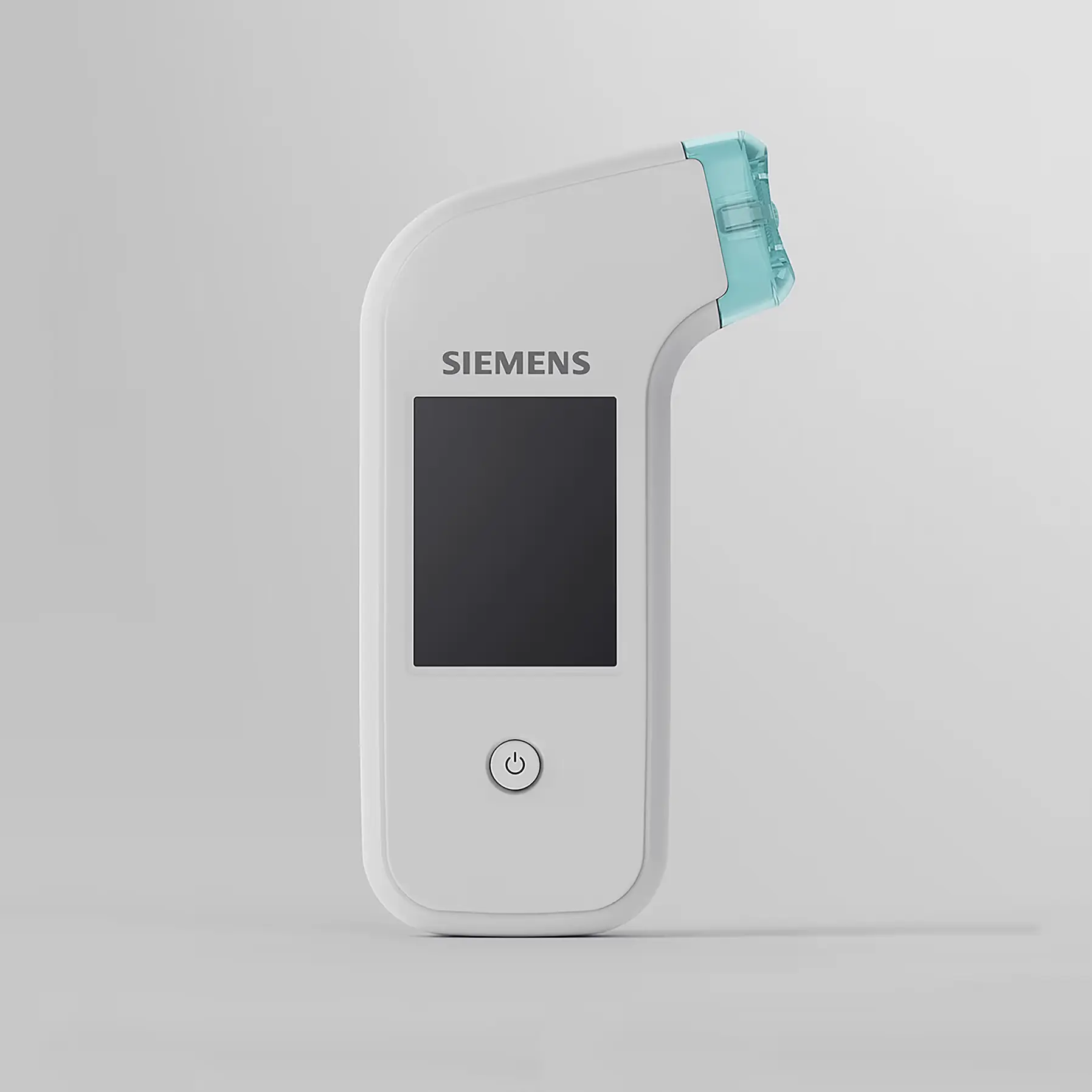 Siemens: Light gray handheld Siemens medical device with turquoise top attachment.